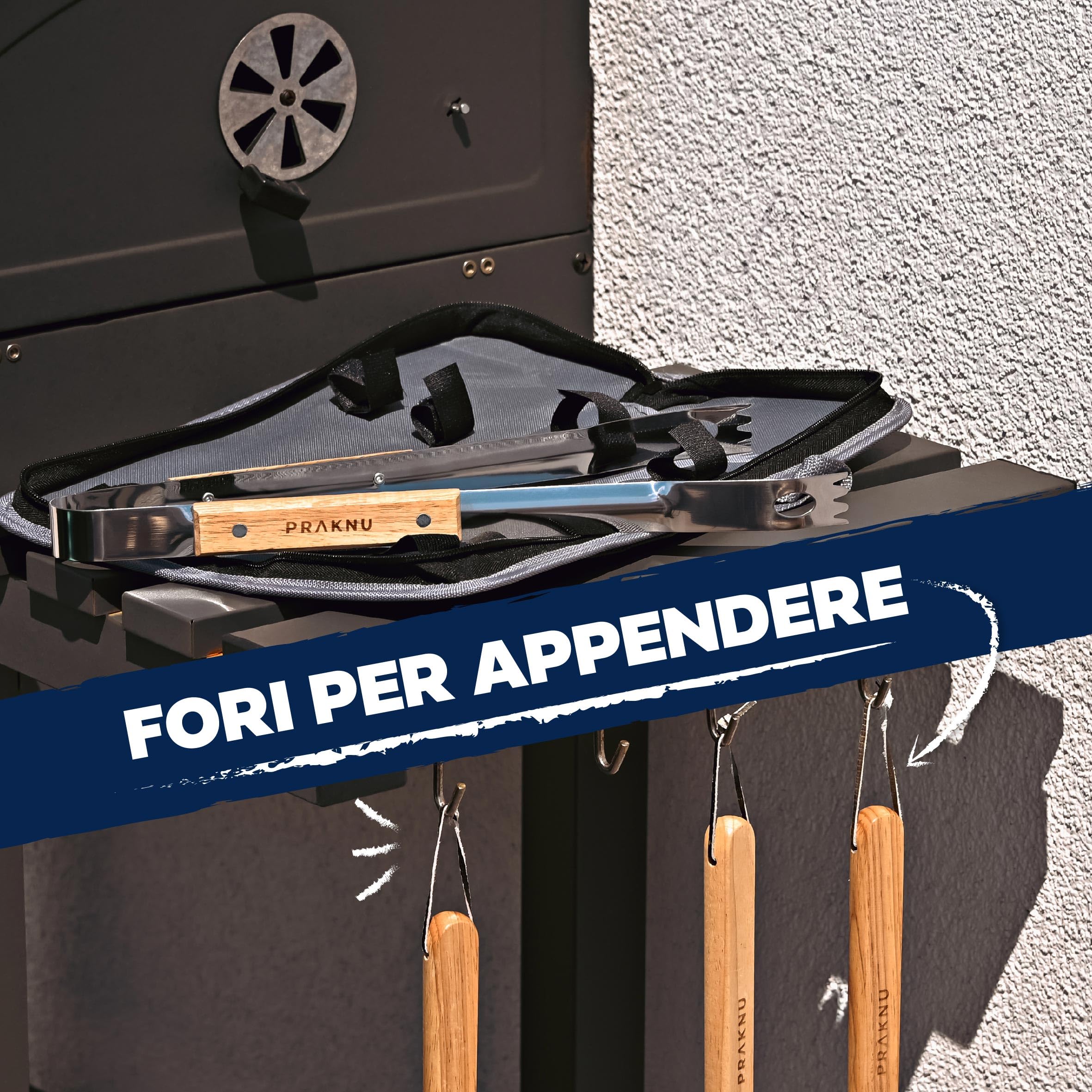 Praknu Set di Utensili da Barbecue 𝗲𝘀𝘀𝗲𝗻𝘇𝗶𝗮𝗹𝗶 in Acciaio e Legno - 4 pezzi - Resistente al calore e antiruggine - Con pratica borsa per il trasporto