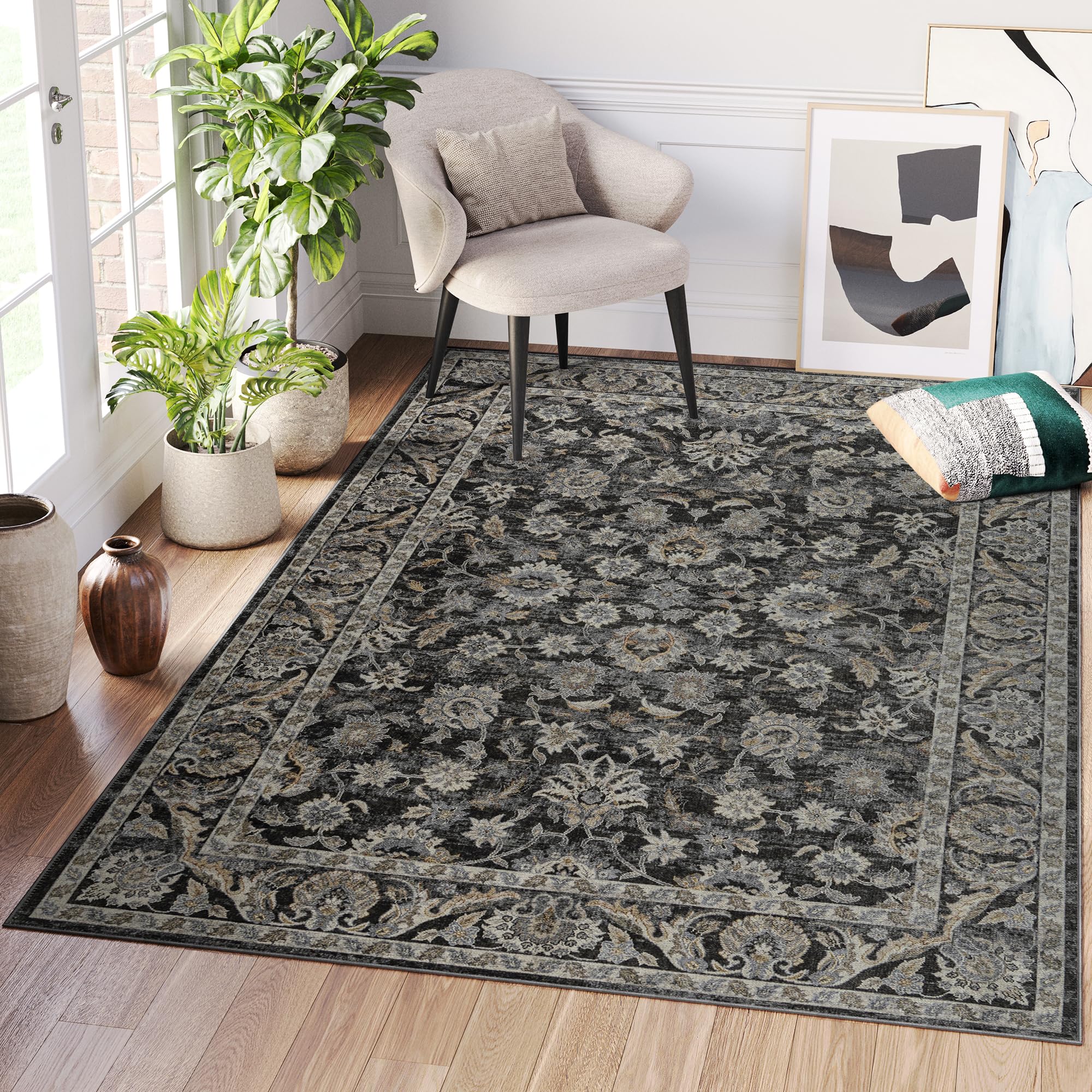 TAPISO Ritz Alfombra Antideslizante Lavable Pelo Corto Negro Gris Diseño Vintage Alfombra Salón Habitación Dormitorio Cocina Oeko-Tex 120 x 170 cm