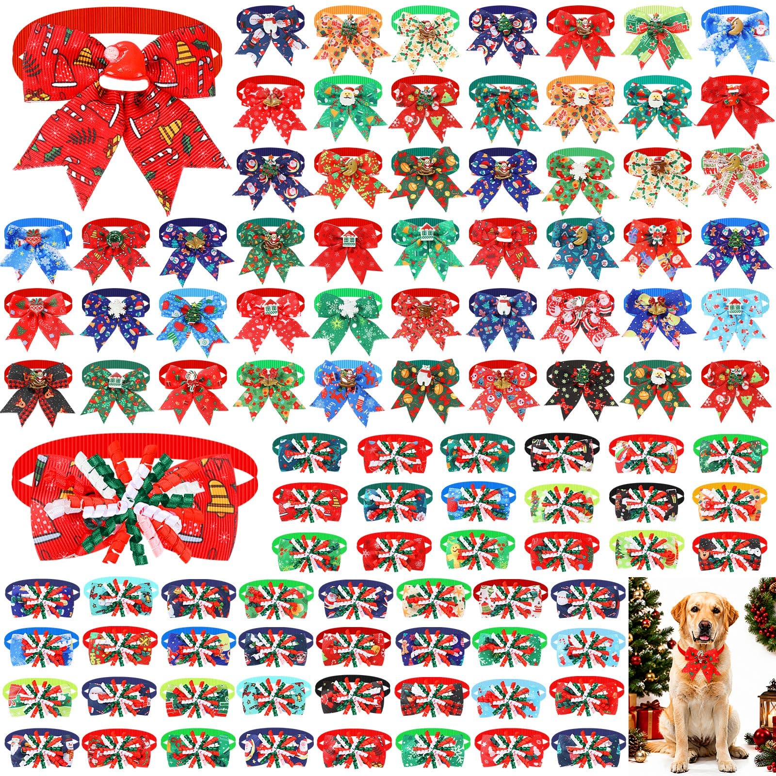 Huhumy 100 Stück Weihnachts-Hunde-Fliegen, verstellbar, Haustierhalsband