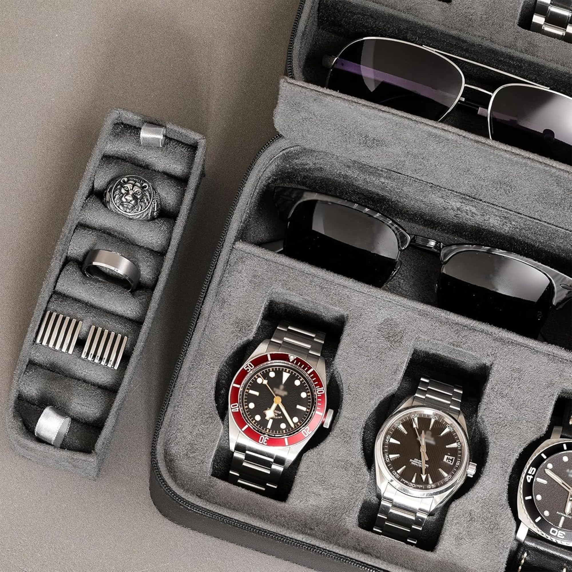ROTHWELL Custodia da viaggio per 8 orologi, per 8 orologi, 2 paia di occhiali da sole, anelli e gemelli, resistente protezione portatile con cerniera, adatta a tutti gli orologi da polso e smartwatch