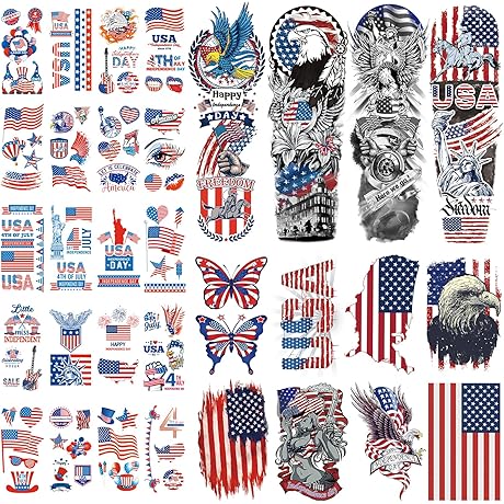 Independence Day Temporary Sleeve And Small American Flag Tattoos For Adults Kids...