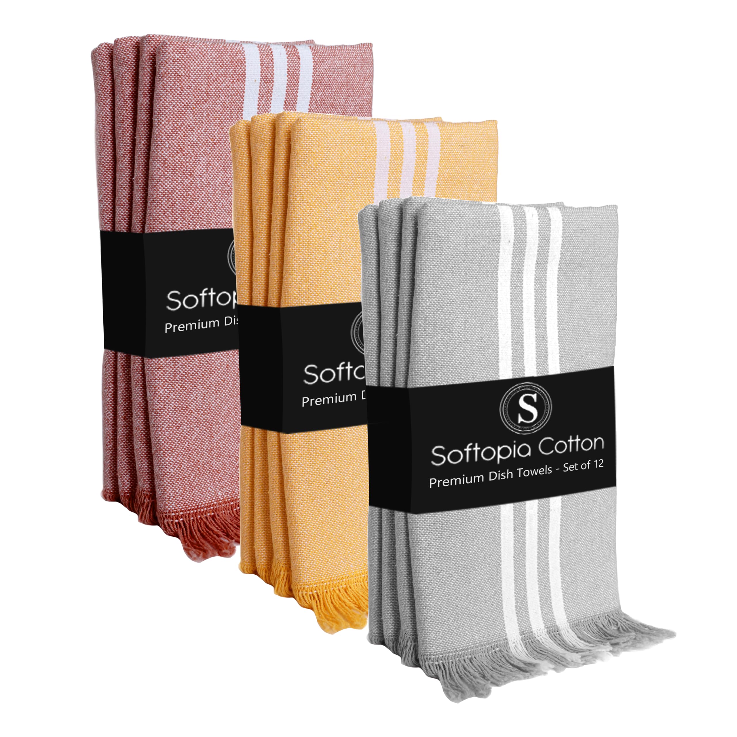 Stripe Dish Towels 12 Pack, 16x26 Inches, Multi-Color Tea Towels, Quick Dry Rags for Cleaning, Absorbent and Washable Wipes, Durable Dish Cloths Set - Light Grey, Mustard Yellow, Rust