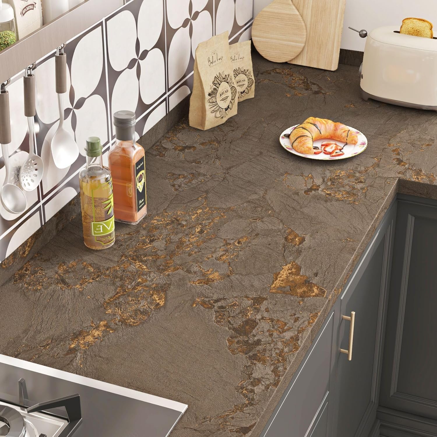 FunStick 24"x200" Thick Gold Brown Marble Countertop Contact Paper Waterproof Removable Marble Wallpaper Peel and Stick Countertops for Kitchen Bathroom Self Adhesive Wall Paper for Table Desk Walls