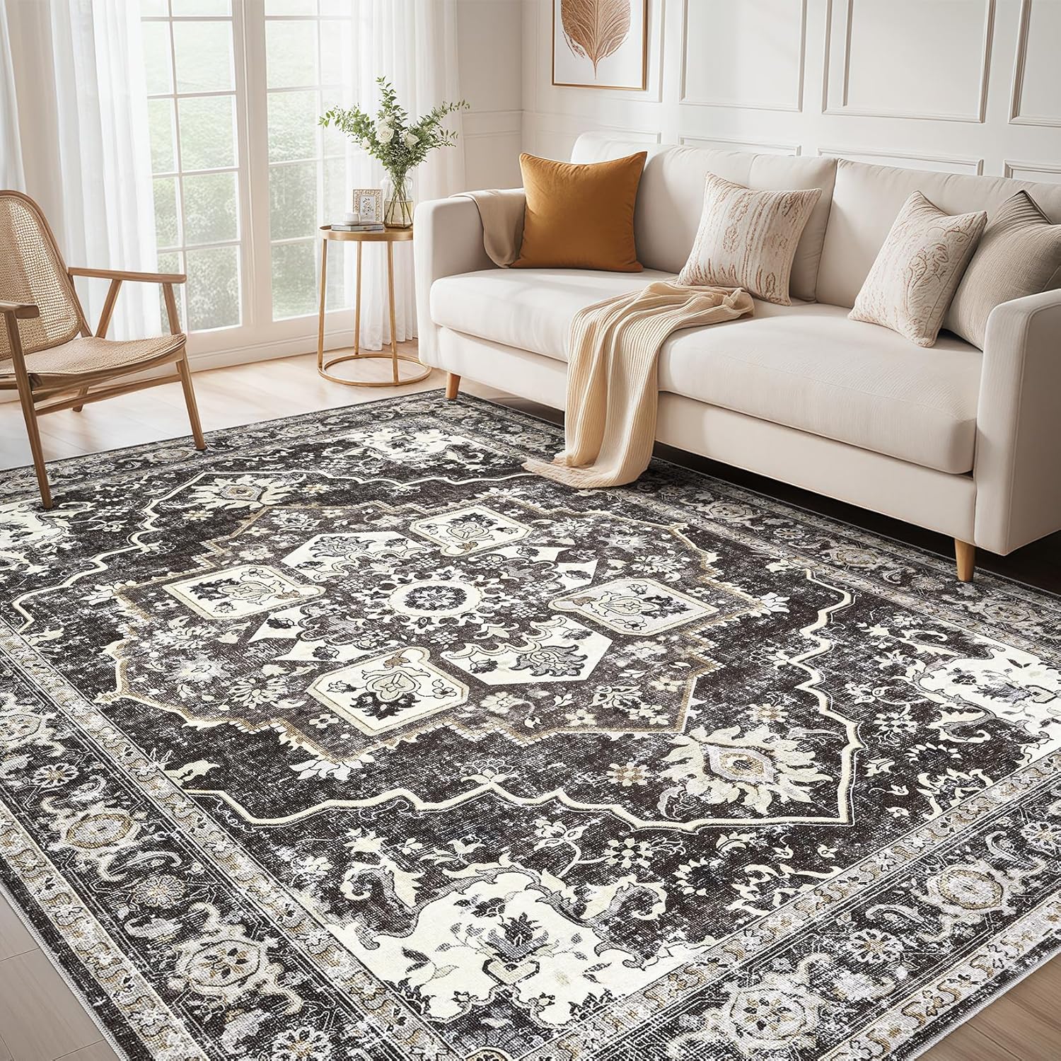Area Rug for Living Room: 9x12 Washable Vintage Neutral Soft Non Slip Thin Large Floor Carpet for Bedroom Kitchen Dining Room Home Office Farmhouse Indoor - Black