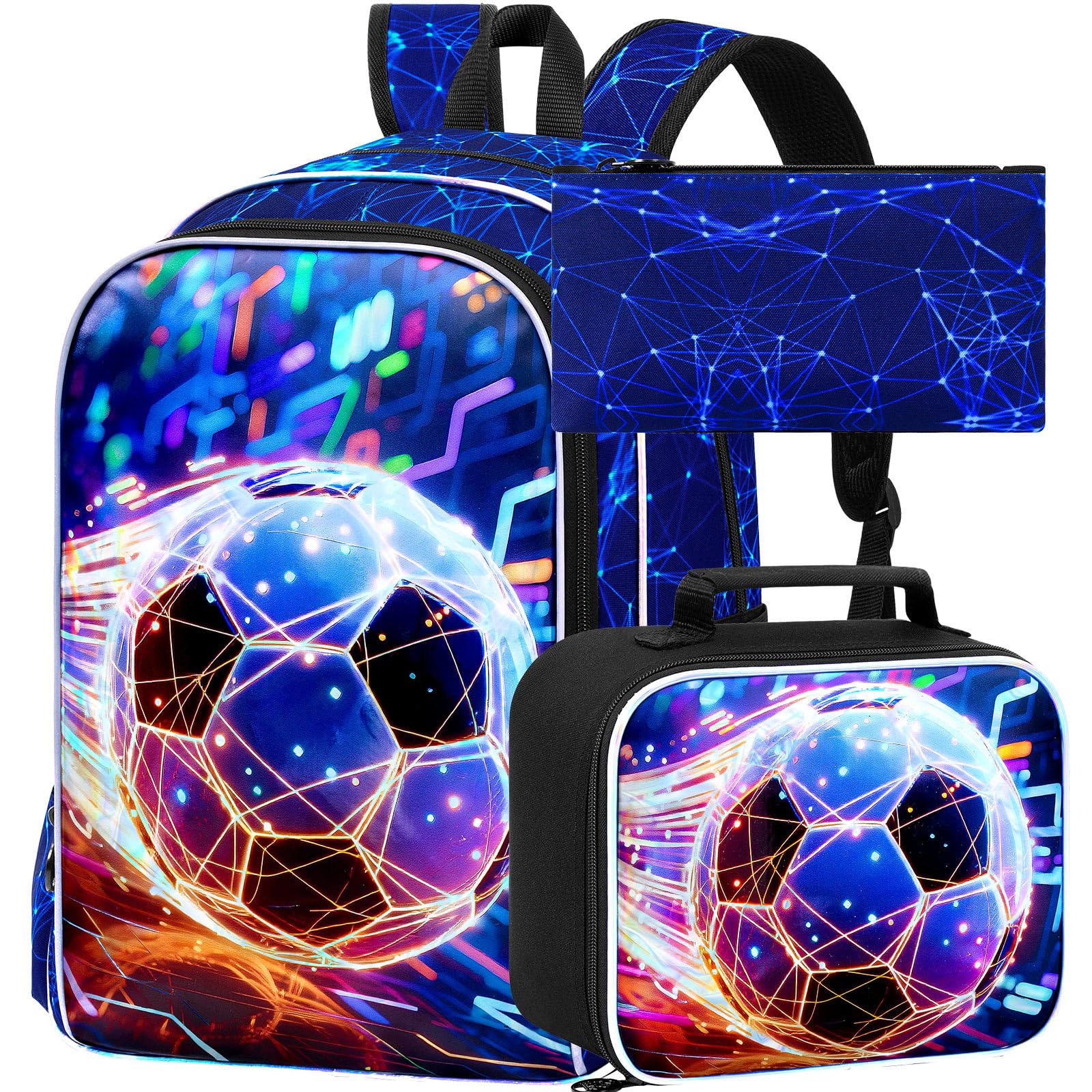3Pcs Soccer Backpack, 17" Boys Bookbag with Lunch Box, Kids School Backpacks Set for Elementary Preschool Kindergarten (Blue)
