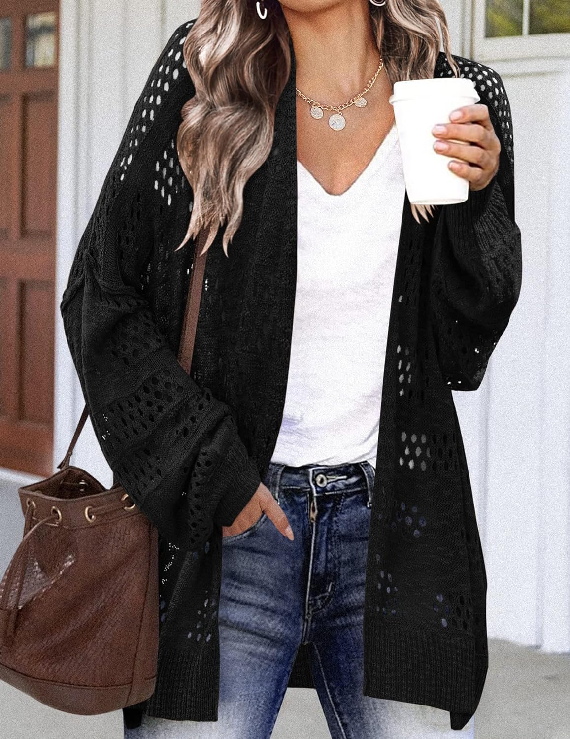 HOTOUCH Lightweight Crochet Cardigan for Women Long Sleeve Open Front Knit Oversized Cardigans Sweaters - Image 2