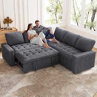 Vipbear Modular Sectional Sleeper Sofa with Pull Out Bed, Chenille L Shaped Sectional Sofa with USB Ports/Adjustable Backrest/Storage Seats, Tool-Free Assembly, Couches for Living Room Dark Grey