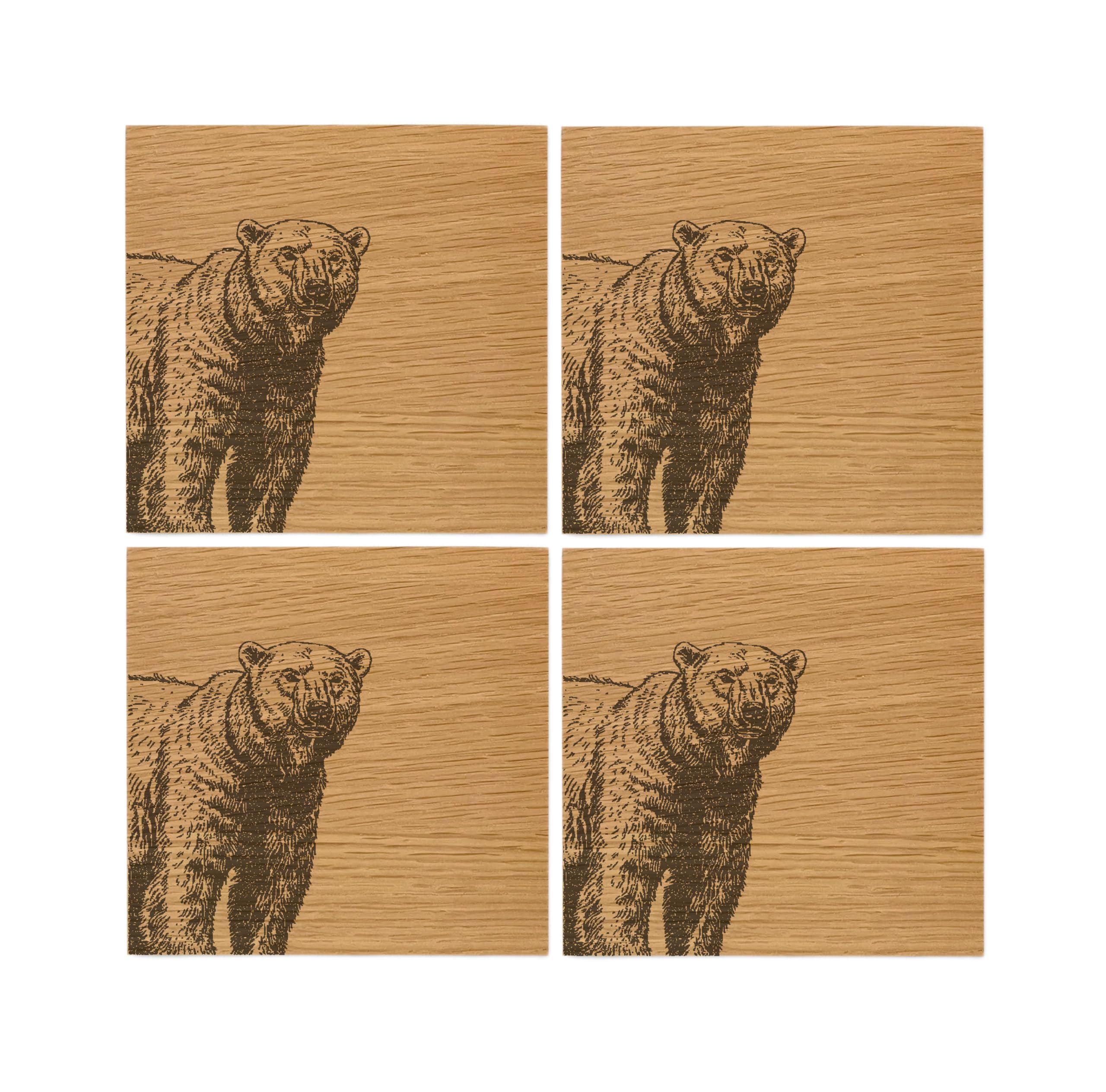 Dessous de verre carrés en chêne massif avec un motif ours élégant pour sublimer vos tables