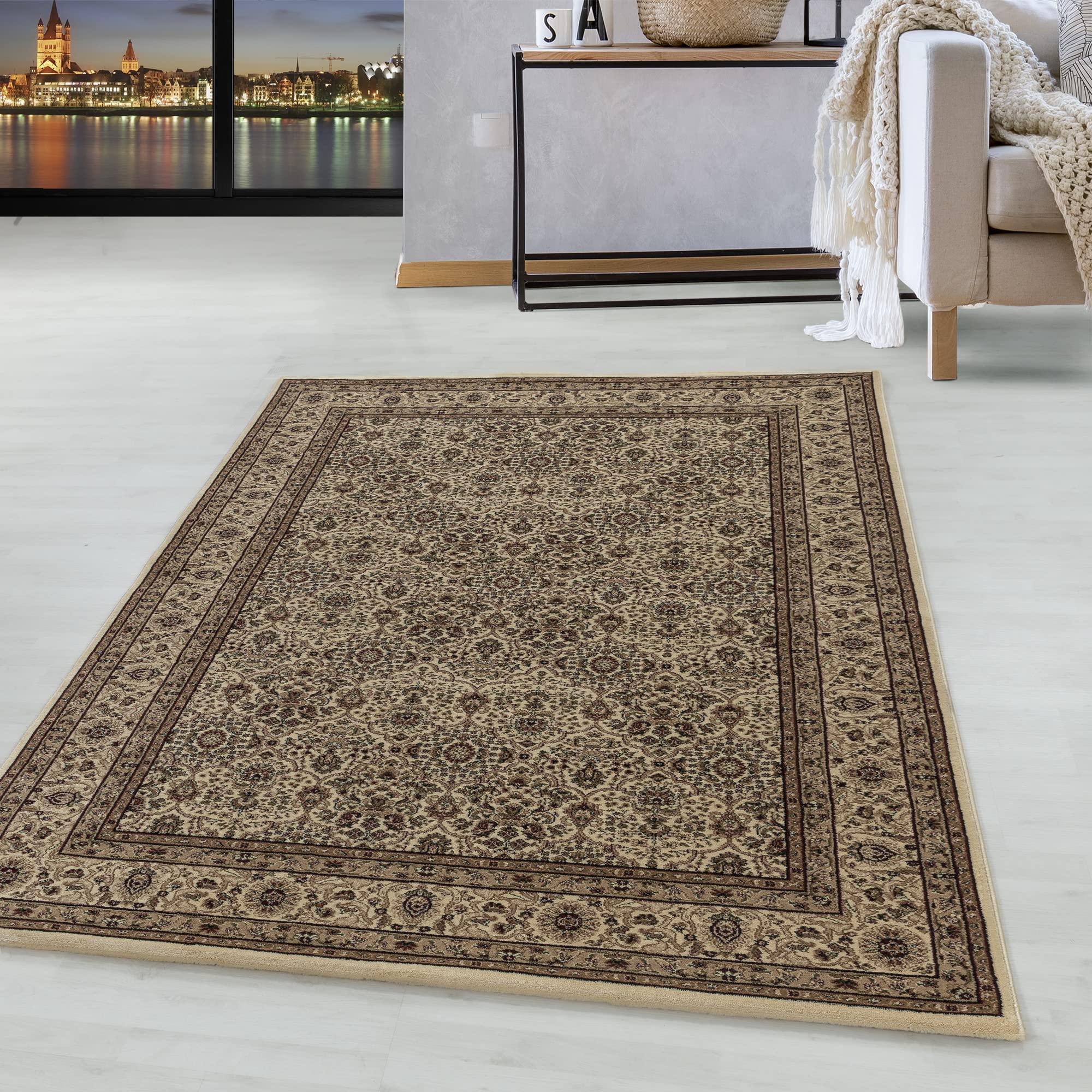 HomebyHome Tapis Oriental Beige 200x290 cm à Poils Courts Style Vintage pour Salon Salle à Manger Grands espaces Facile d'entretien résistant