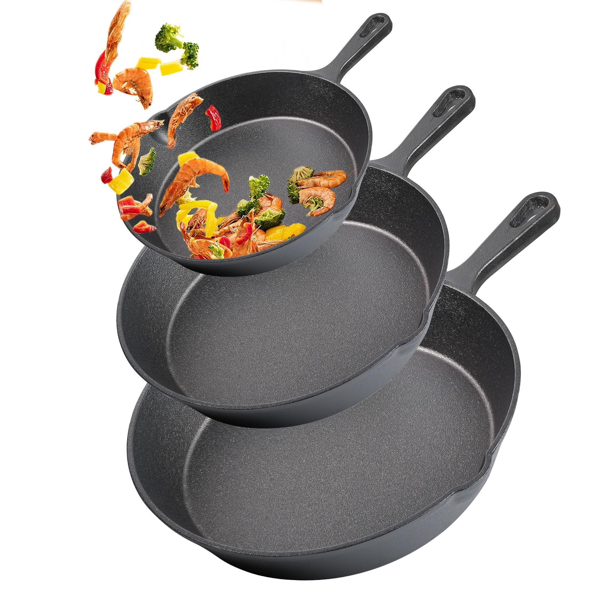 Vivicreate Cast Iron Skillet Pan Set of 3 – Pre-Seasoned Sartenes de Hierro Fundido – 6", 8", 10" Frying Pans for Stove, Oven, Grill – Heavy Duty Sartén Hierro Fundido Cookware Set