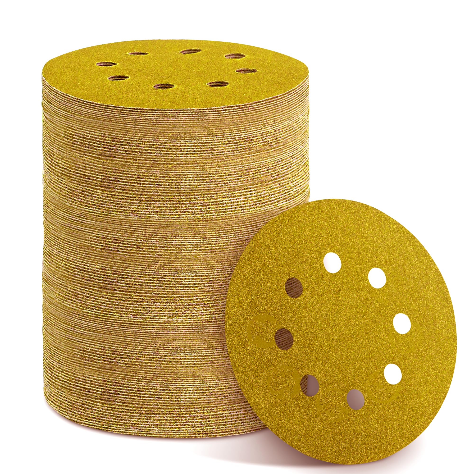 Gold Sanding Discs Set, 5-Inch 8-Hole Sandpaper (100 Grit 150pcs)