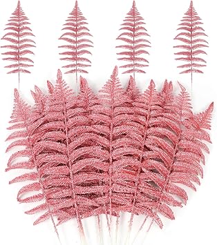 MWOOT 16 PCS Christmas Artificial Fern Bush Leaf, Pink Glitter Faux Plants Leaves for Centerpieces, Fake Christmas Tree Picks for DIY Garland Wreath Wedding Bouquet Table Home Garden Decor
