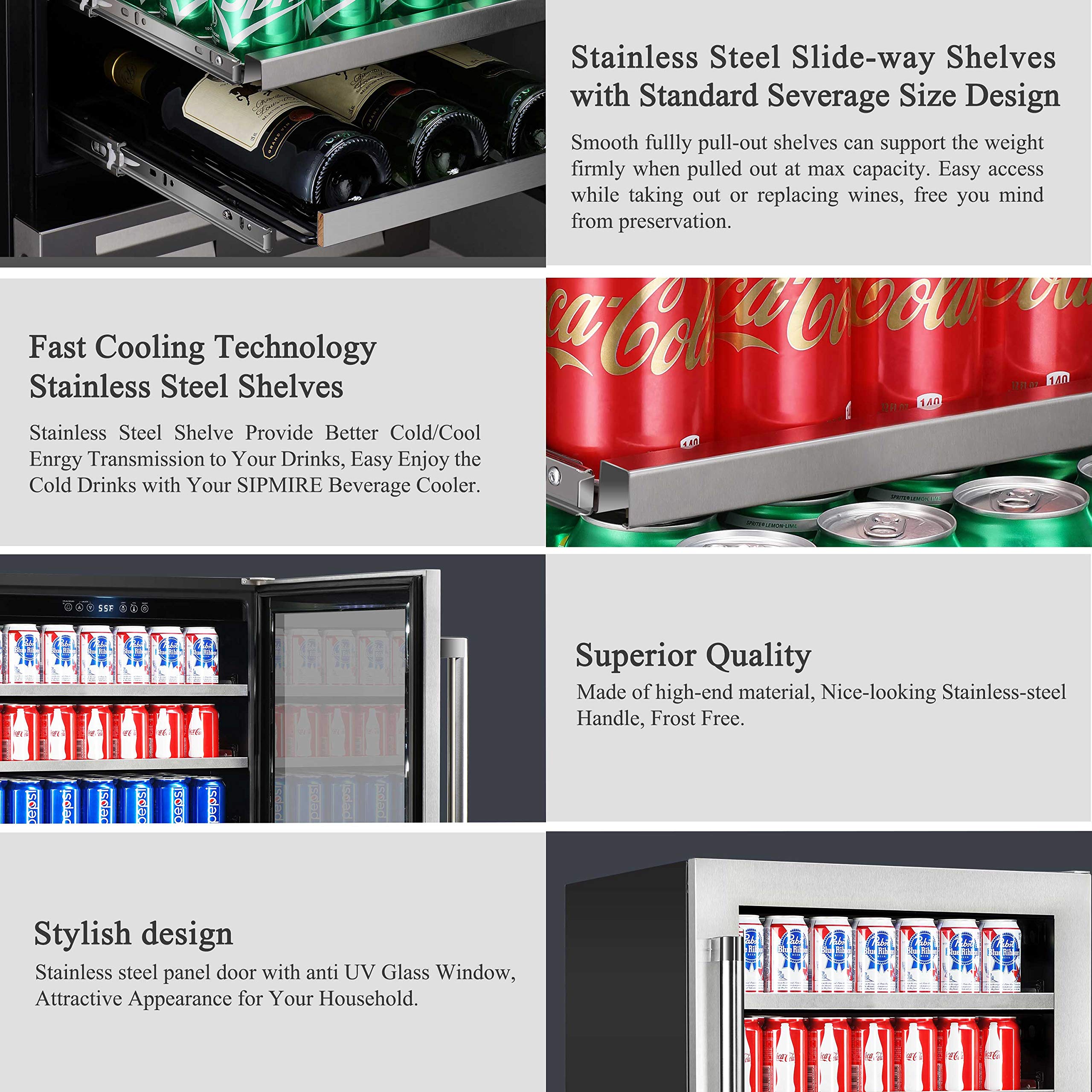 Sipmore Beverage Refrigerator 24 Inch Stainless Steel Shelf System 154 Cans And 6 Bottles Built-In Or Freestanding For Soda Beer, Powerful Drink With Smart Control System And Double-Layer Glass Door on Fridge.com - View 5