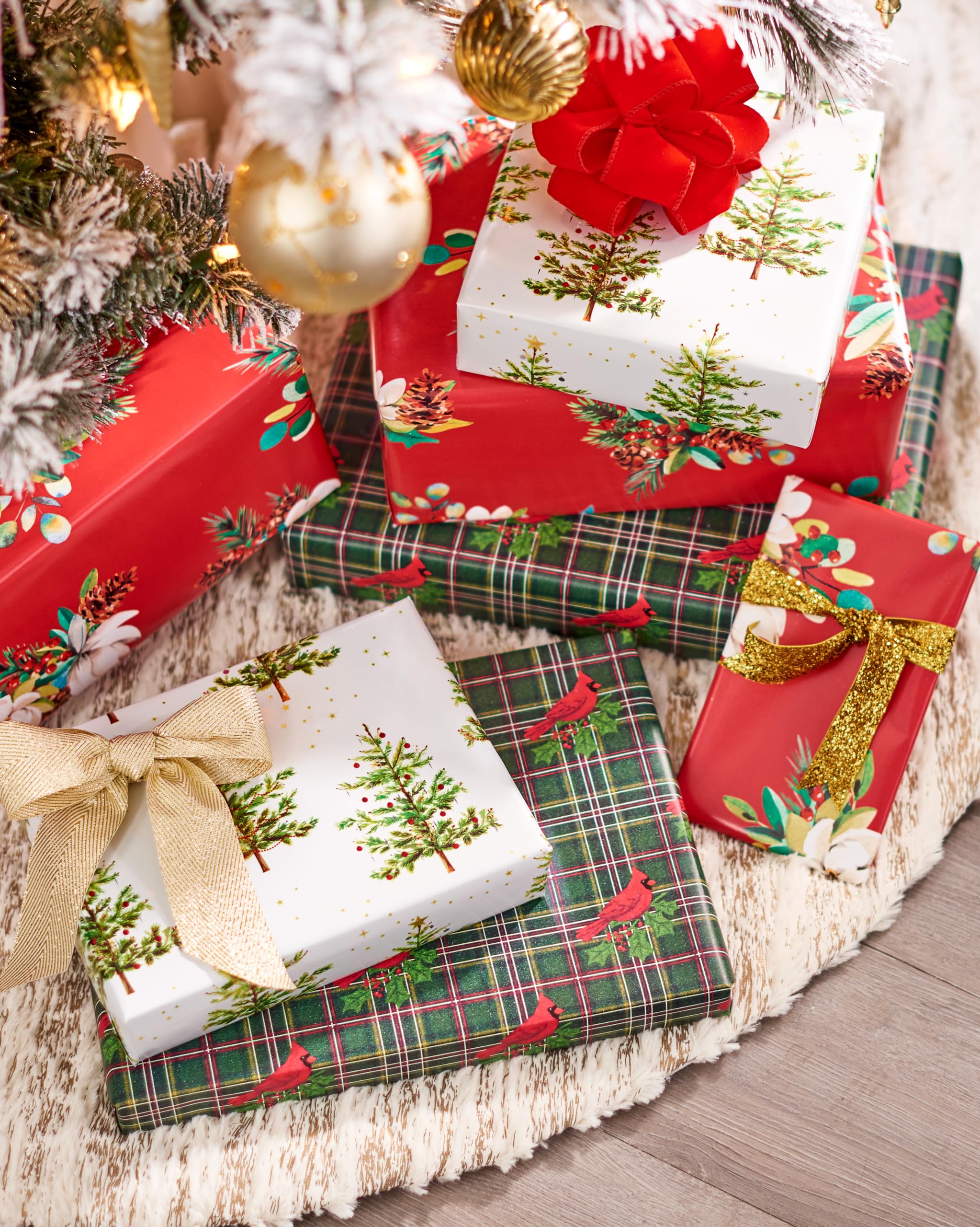 Papyrus Lot de 3 rouleaux de papier cadeau de Noël, motif écossais floral blanc, arbres de Noël (82,5 m²)
