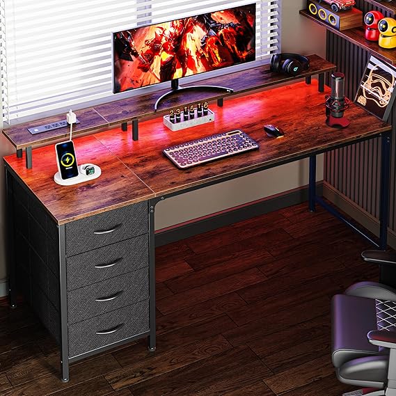 Huuger 55 Inch Computer Desk with Power Sockets and LED Lights