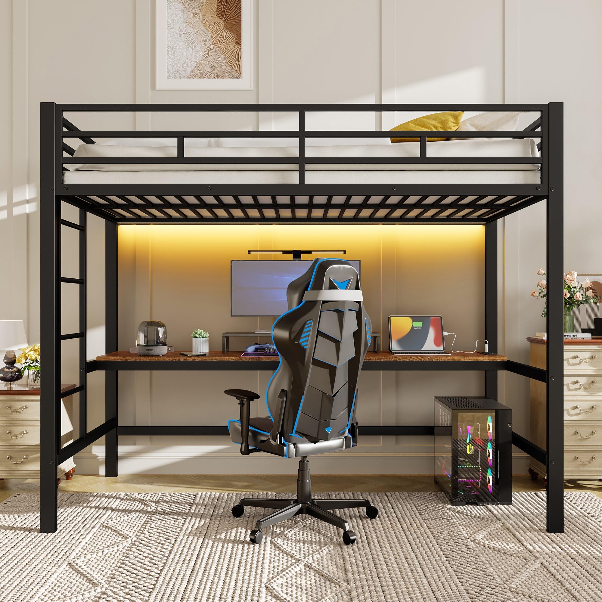 Letto a soppalco 90x200 cm con ringhiera scaletta tavolo con USB e presa striscia luminosa a filo bed singolo per adulti in metallo letti per ospiti Nero