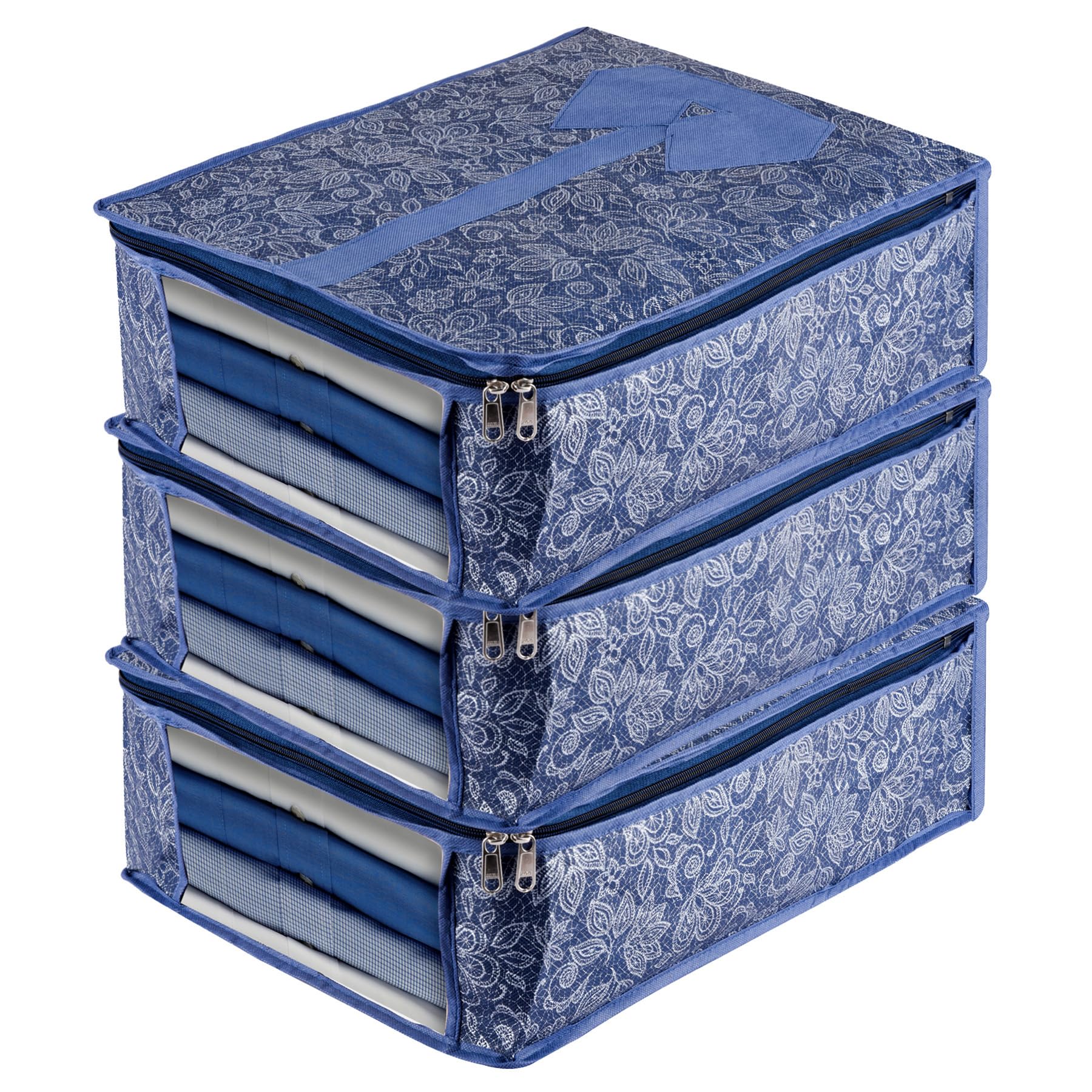 Kuber Industries Pack of 3 Shirt Storage Bag | Shirt Organizer for Closet | Visible Window Shirt Bag | Wardrobe Storage Bag | Clothes Storage Bag | Flower Printed Shirt Cover | Navy Blue