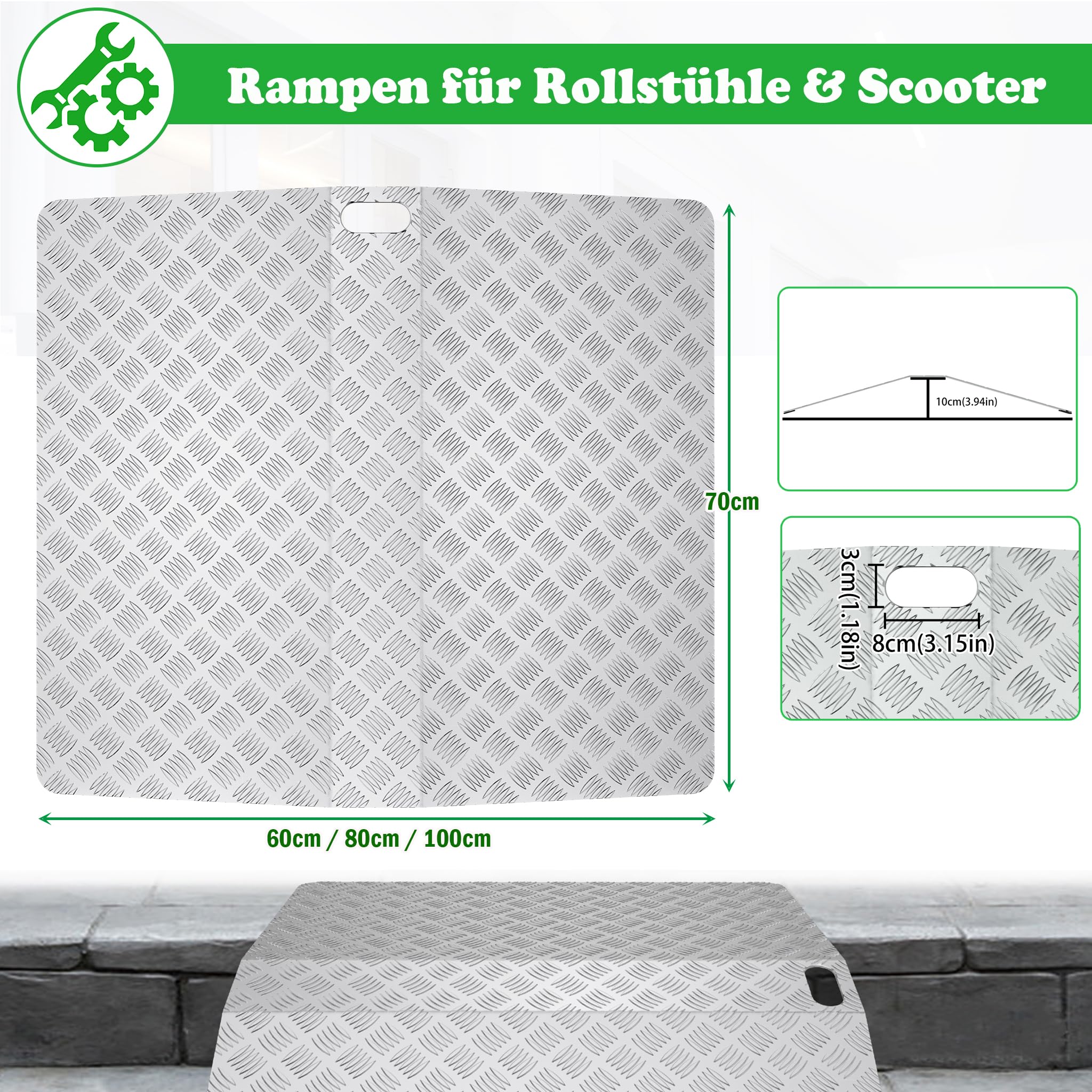 SUBTLETY Rampa progowa z aluminium, 80 x 70 x 10 cm, antypoślizgowa rampa najazdowa, nośność do 270 kg, przenośne rampy progowe do samochodów osobowych, motocykli, wózków inwalidzkich i skuterów