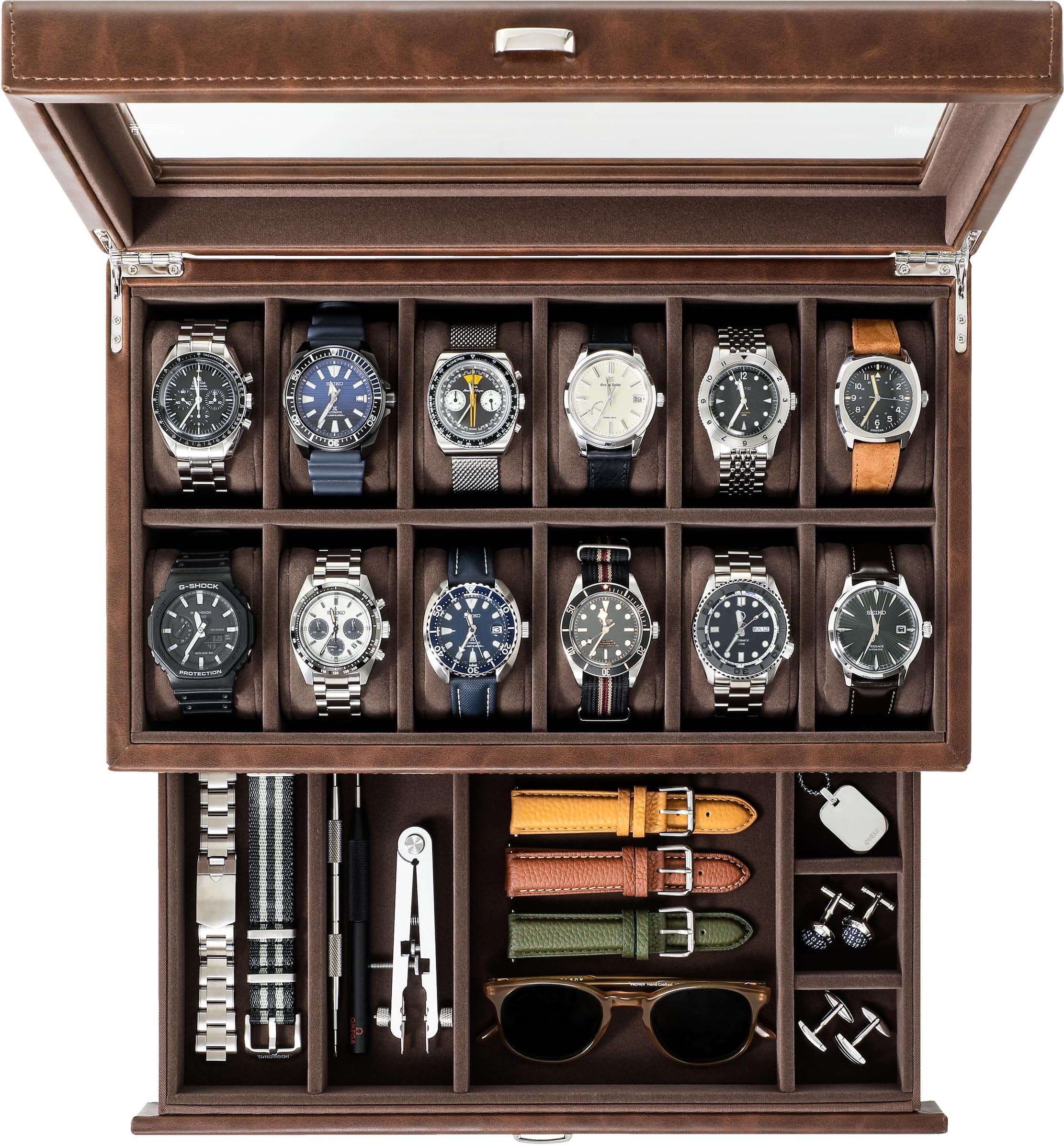 TAWBURY 12 Grid Watch Box for Men – Faux Leather Watch Display Case 12 | Watch Cases for Men (Brown)