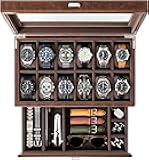 TAWBURY Watch Box for Men - 12 Slot Watch Case with Storage Drawer, Real Glass Display and 2-inch Wide Pillows for Large Watches (Brown)