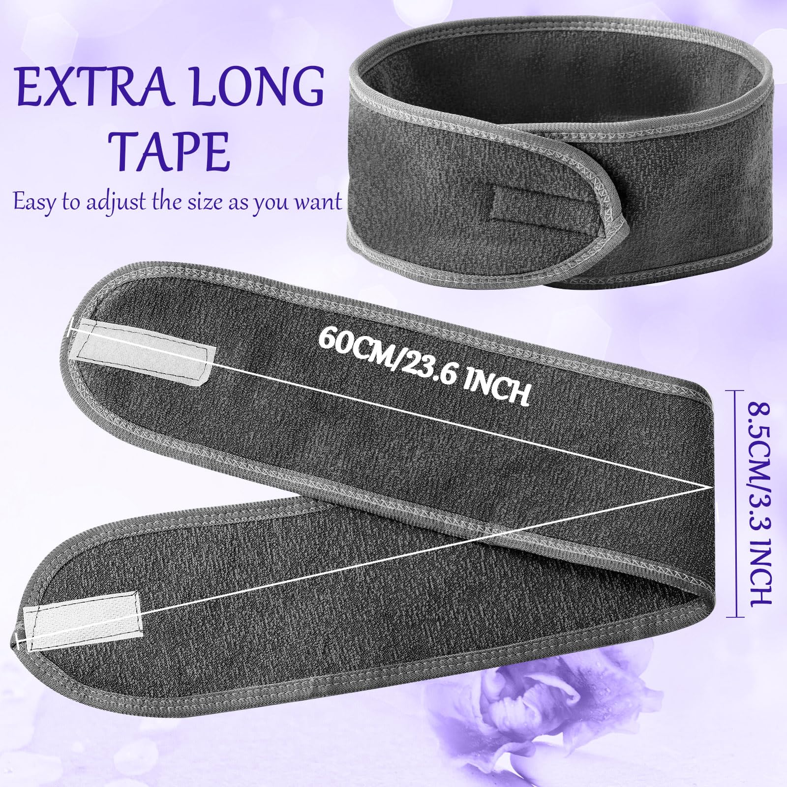 Hoteam Spa-Stirnband, Spa-Gesichts-Stirnband, Spa-Stirnband, Großpackung zum Waschen von Gesicht, Make-up, Stirnband für Dusche, Bad, Sport, verstellbares Handtuch mit Klettverschluss (Silbergrau)