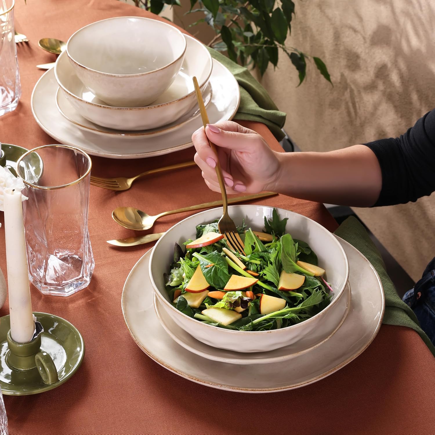 Karaca Aria Reactive Stoneware Plates & Bowls Sets - Ceramic Dinnerware Sets for 6, 24 Piece Microwave Safe Dish Set incl. Dinner Plate Set with Pasta Bowls, Side Plates and Cereal Bowl - Beige