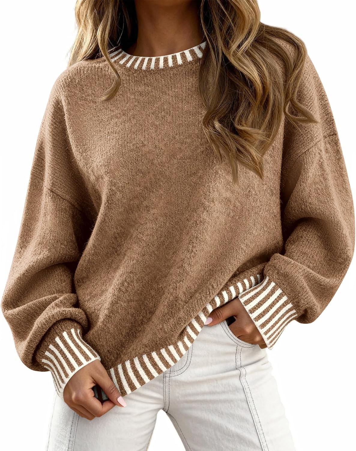 KIRUNDO Oversized Sweaters for Women 2026 Long Sleeve Crewneck Fall Tops Contrast Chunky Knit Pullover Winter Clothes