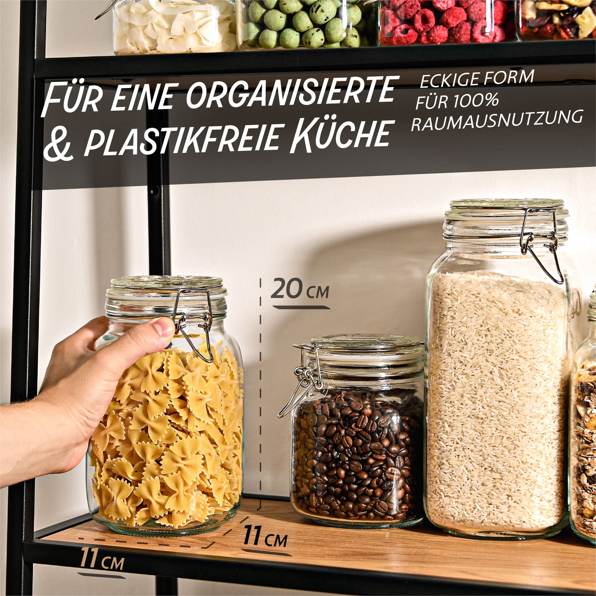 Praknu 8 Einmachgläser mit Bügelverschluss 1,5l - Mit Etiketten, Stift und extra Silikondichtungen - Platzsparend durch eckige Form - Spülmaschinenfest