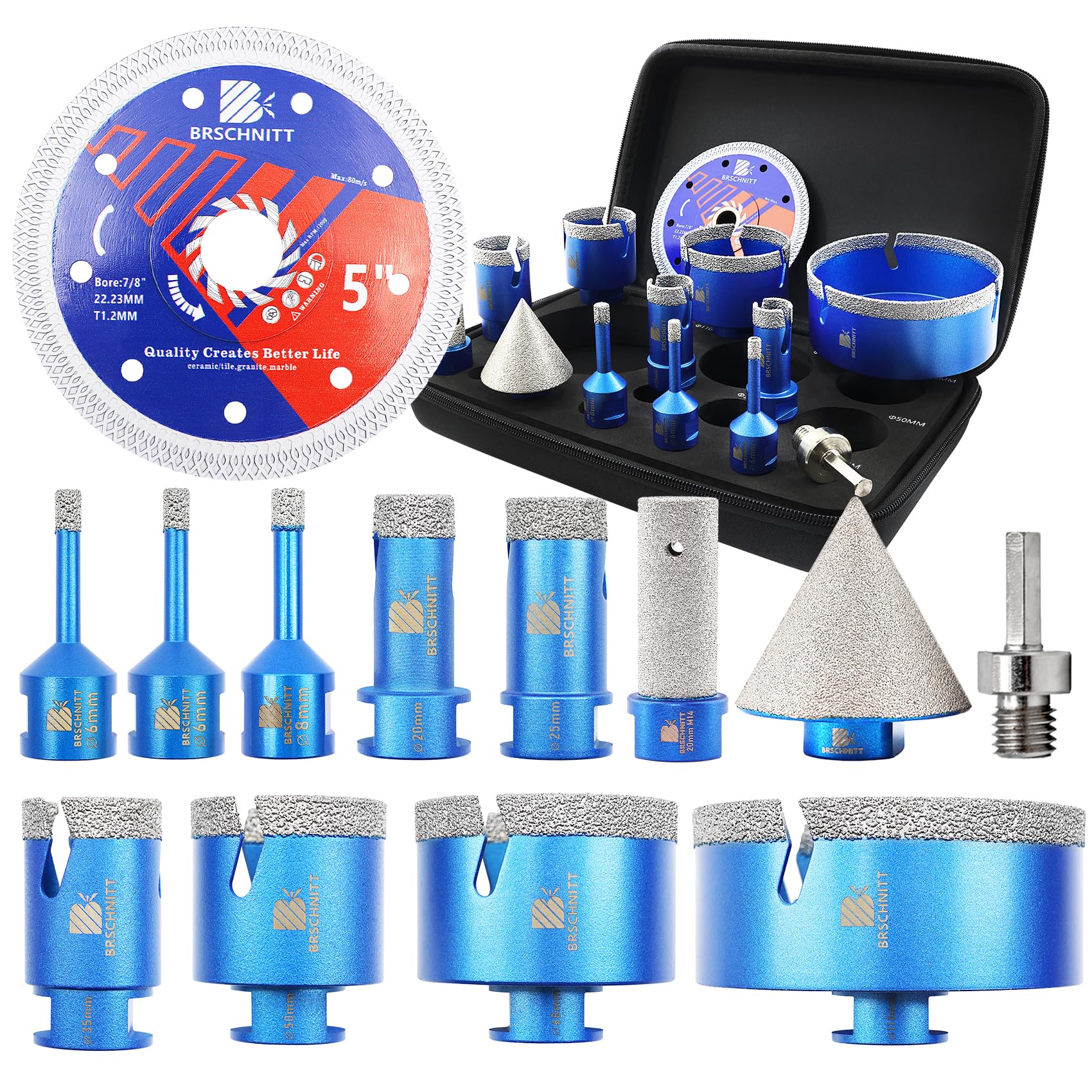 BRSCHNITT Diamond Core Drill Bit Set - Tile Hole Saw Kit for Porcelain Ceramic Marble Granite Drilling（6/6/8/20/25/35/50/68/110 Drill+20 Finger+50 Chamfer Bit+125 Disc）.