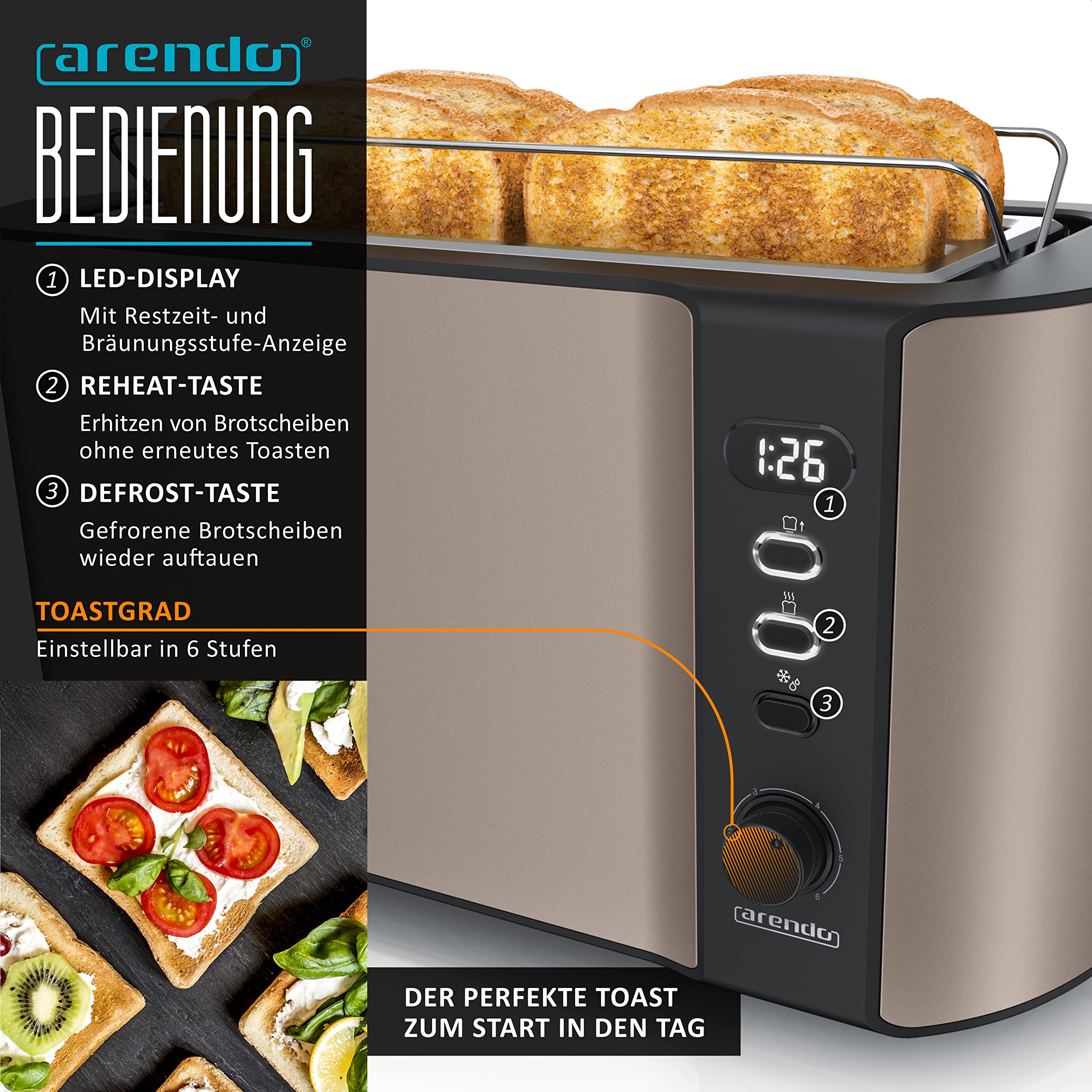 Arendo Wasserkocher Toaster SET Edelstahl Beige 1,5L 40-100°C Warmhaltefunktion 4 Scheiben LED-Display 6 Bräunungsgrade