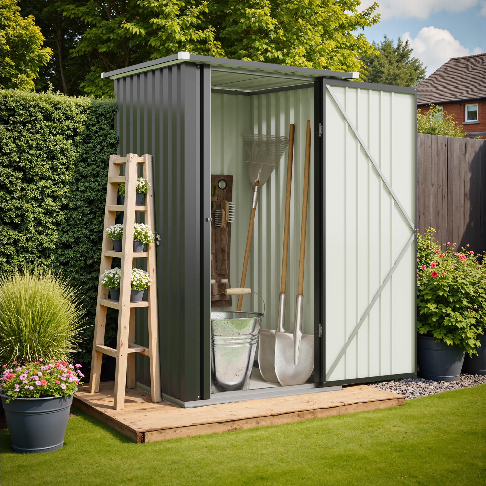 Triumphkey Metall Gerätehaus 1,5m³ 95x98x160 cm Wasserfest Geräteschuppen mit abschließbarer Tür und Pultdach Kleiner Gartenhaus für Hinterhof Terrasse und Rasen, Schwarz
