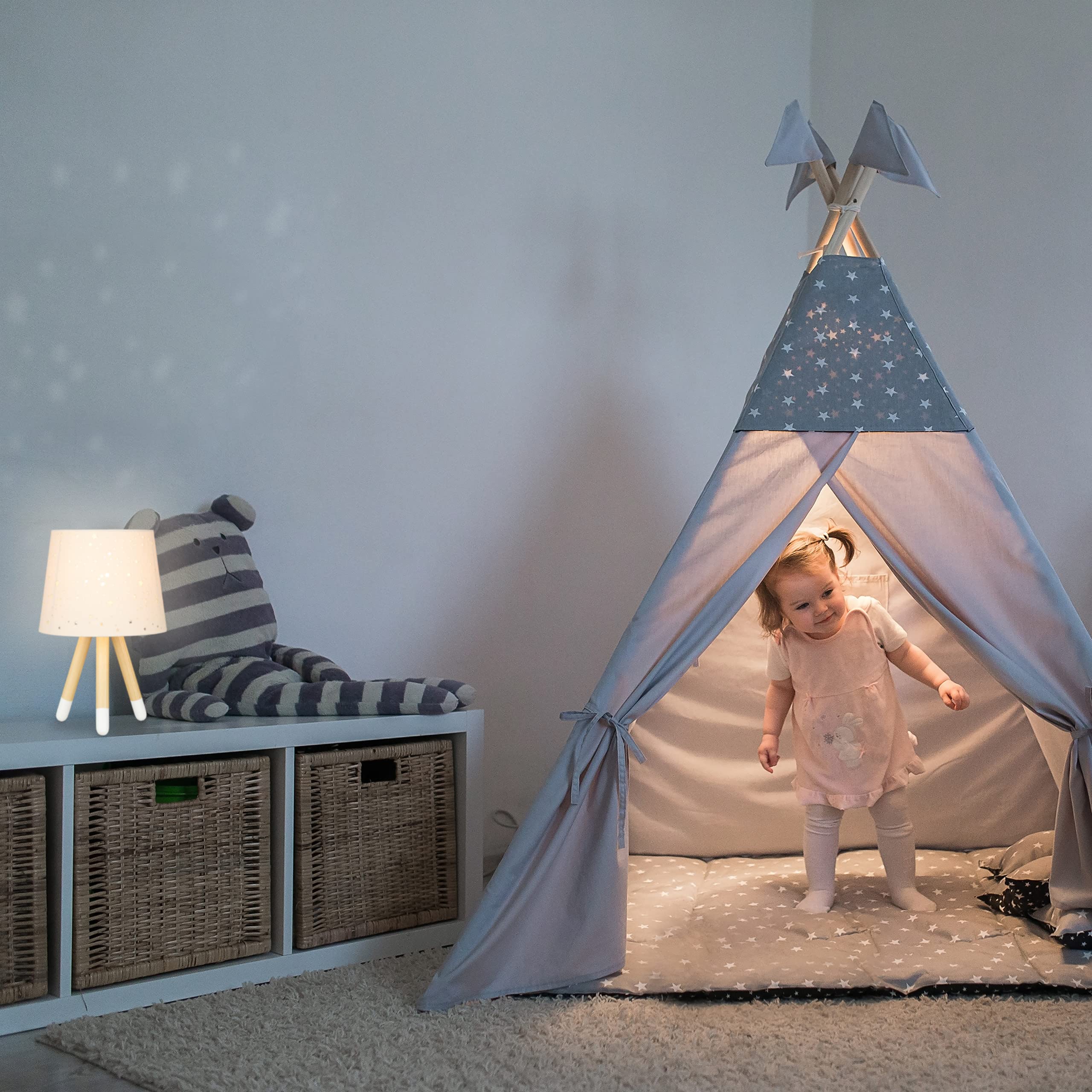 Relaxdays Tischlampe Kinderzimmer, Nachttischlampe Sterne, Jungen & Mädchen, E14, runder Stoffschirm, 40 cm hoch, grau