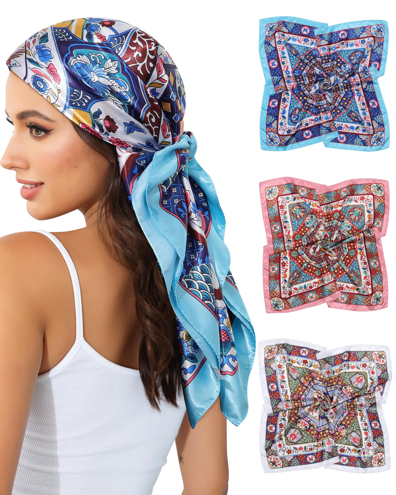AWAYTR35” Satin Head Scarf for Women 3Pcs Silk Scarf for Hair Scarf Satin Hair Bandana Women Headscarf Hair Wrap Scarf Neck