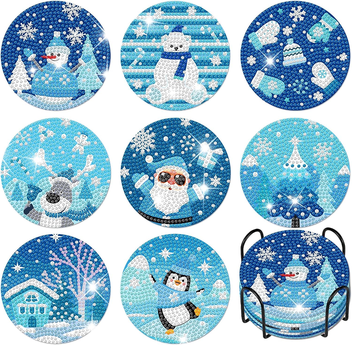 Mokeum 8Pcs Christmas Snowman 8 Pcs Christmas Diamond Painting Coasters With Holder, Diy Snowmen Diamond Painting Kits For Beginners Kids Adults Craft Supplies Home Decoration