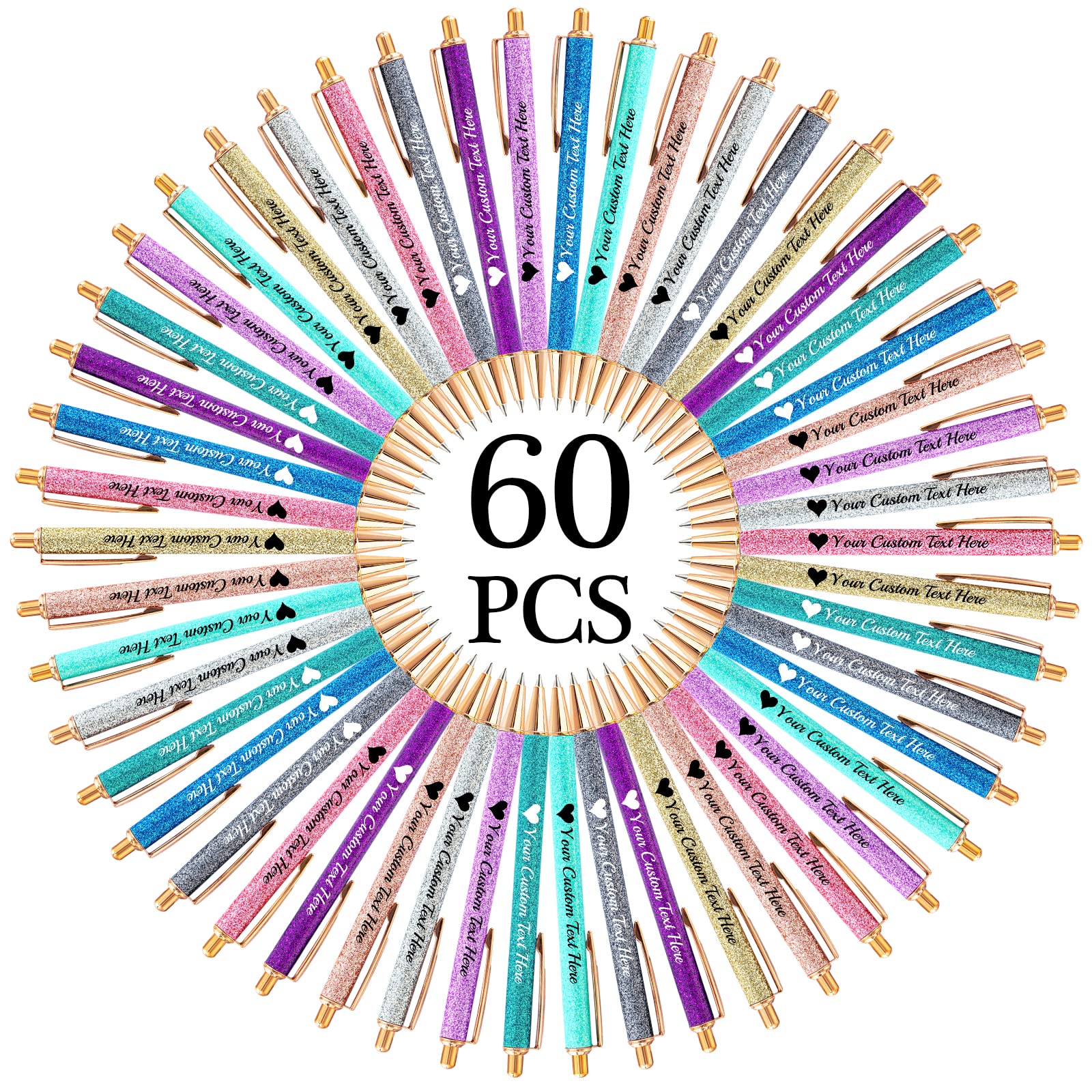 Aolun 60 Personalised Pens with Name Custom Glitter Pen Bulk Customised Retractable Ballpoint Pens with Text Message for Women Nurses Writing Birthday Business Graduation_Black Ink — image 1