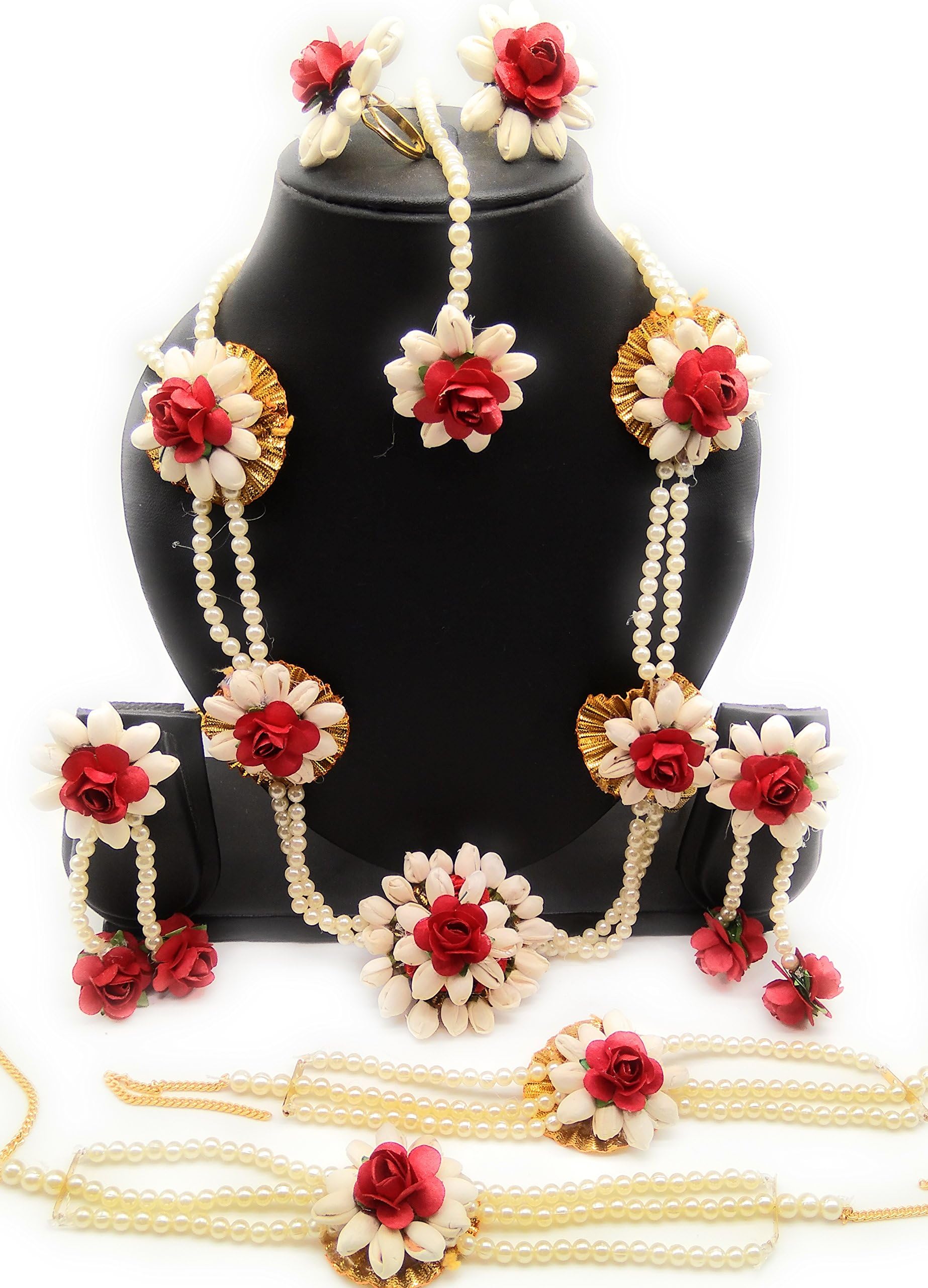 RED ROSE AND WHITE COLORS JASMINE FLOWER 1 MANGTIKA,AND 1 PAIR EARRINGS,1 LONG NECKLASE , 2 BRACELATES WITH 2 FINGER RINGS FOR BRIDAL FULL SET GOTA PATTI FLOWER JEWELLERY FOR MEHANDI,HALDI,GODBHARAI,BABY SHOWER ,MARRIAGE,KITTY PARTY ,WEDDING BRIDE.