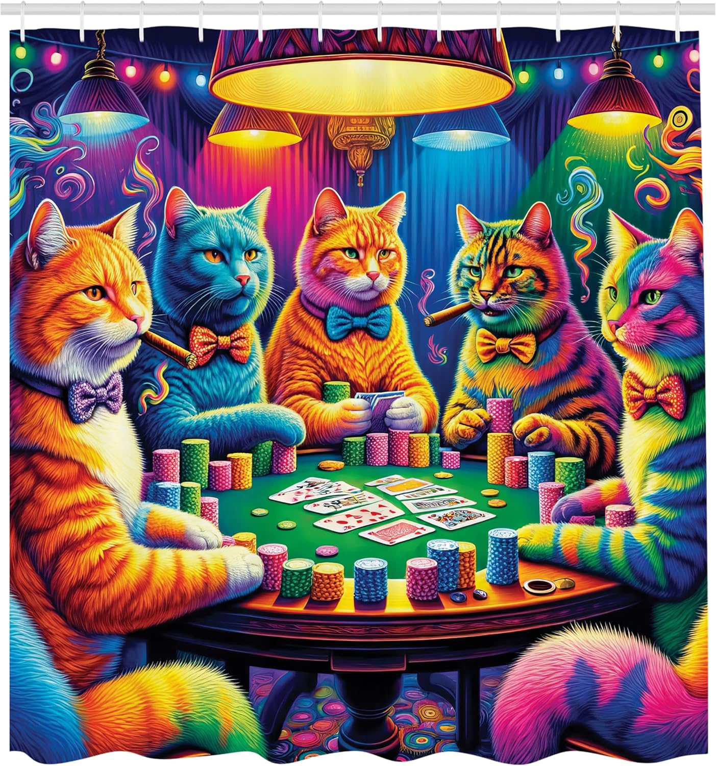 Ambesonne Cat Shower Curtain, Colorful Art of Kitties Play Poker Gambling Multicolor Psychedelic Scene, Cloth Fabric Bathroom Decor Set with Hooks, 69" W x 84" L, Magenta Orange and Purple