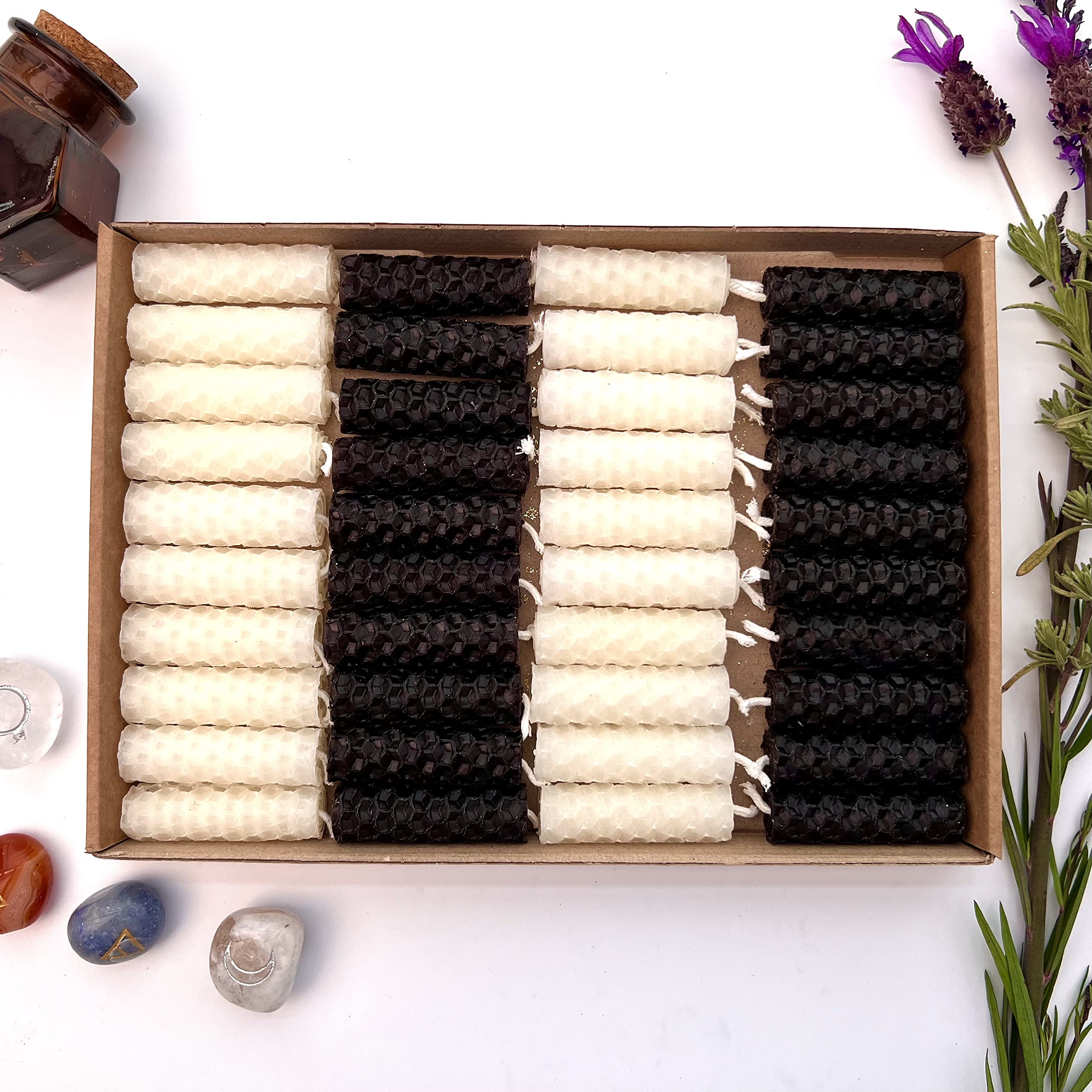 Set 28 Mini Candele Magiche In Cera D'Api - Bianche E Nere - Per Pratiche Pagane E Wiccan - 100% Naturali