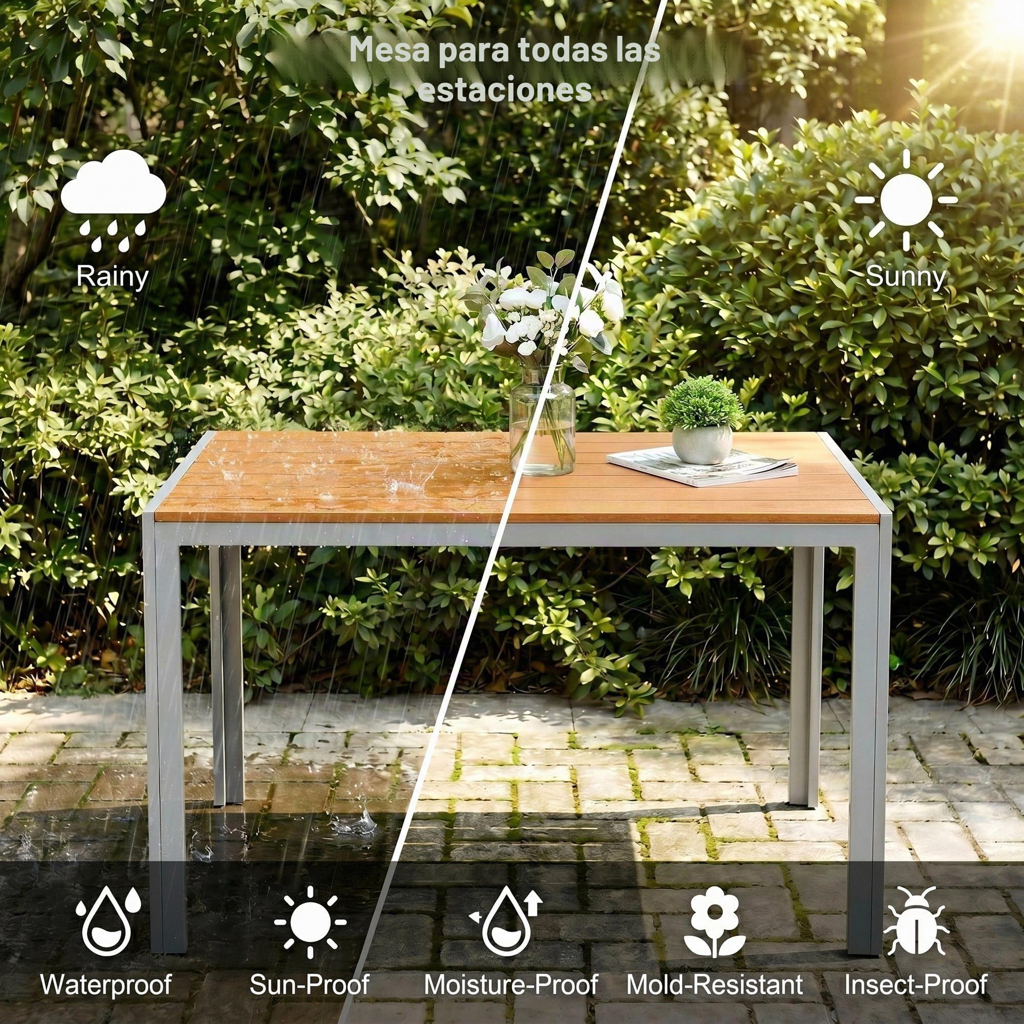LIFERUN Mesa de Jardín 110x70 cm, Mesa de Terraza de WPC para 4-6 Personas, Mesa de Balcón Resistente a la Intemperie con Estructura de Aluminio, Diseño Aspecto Madera,Marrón Teca+Gris Claro