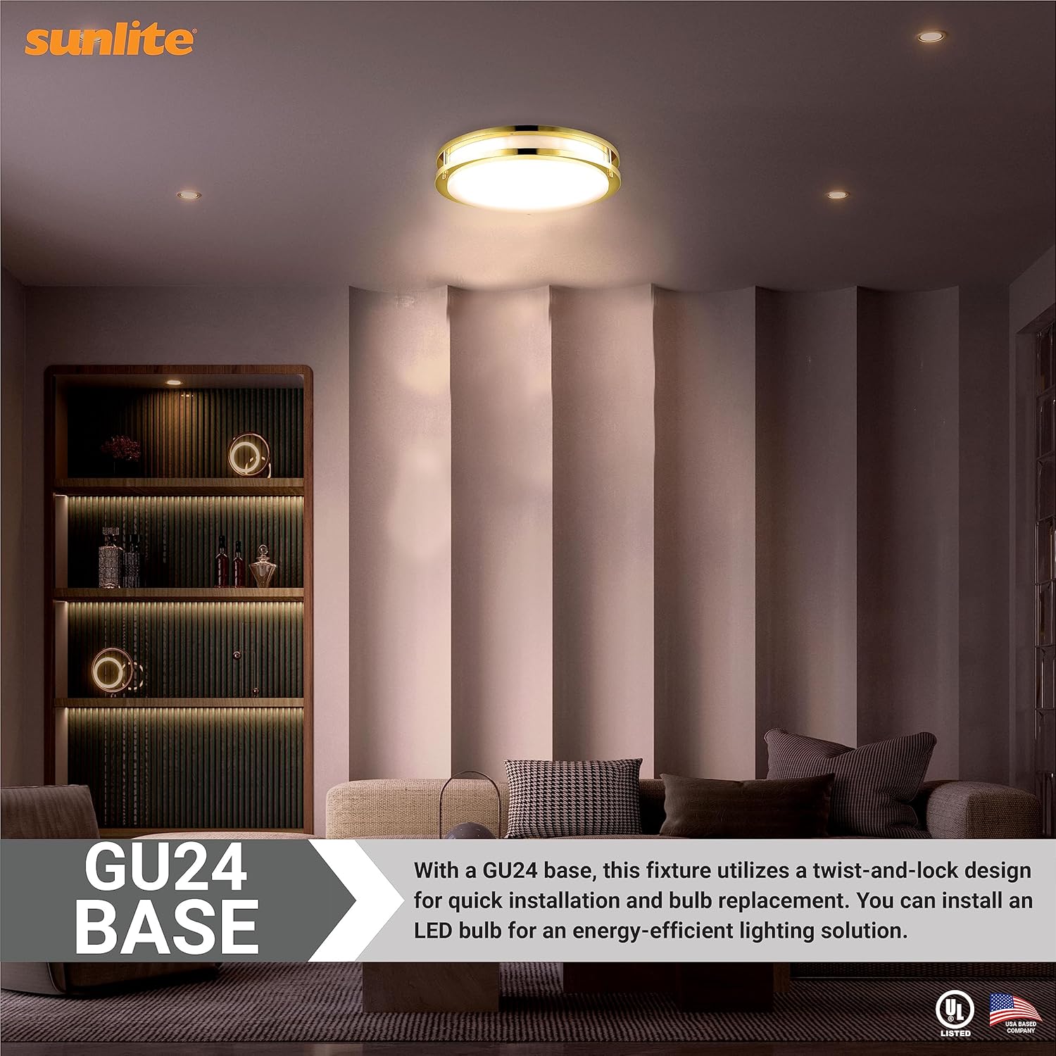 Sunlite 45581 16-Inch Fluorescent Double Band Trim Flush Mount Light Fixture, Max 46 Wattage (Two Bulbs Included), 3200 Lm, 2700K Soft White, Twist & Lock GU24 Base, 120V, UL Listed, Polished Brass