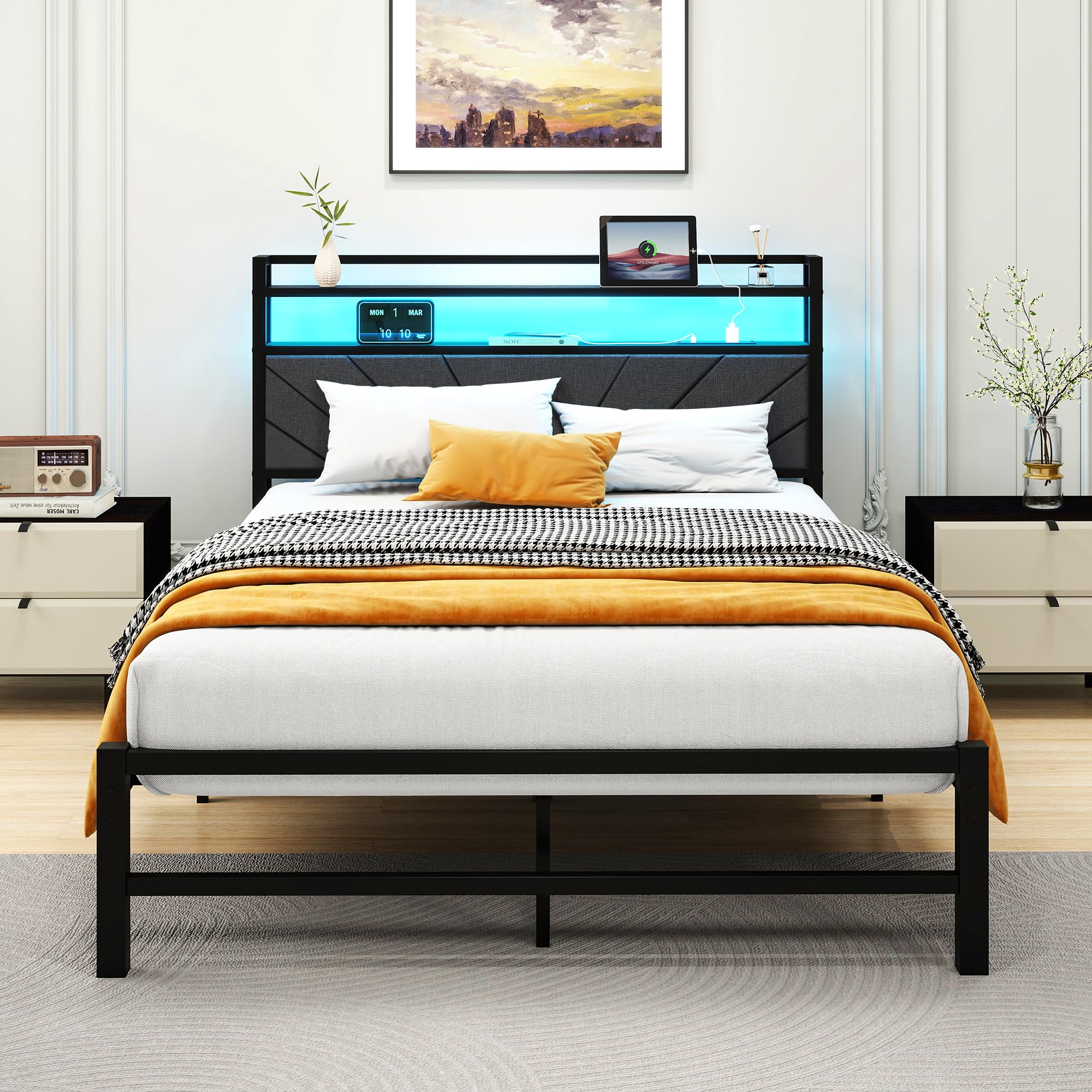 HOMERECOMMEND Double Bed Frames with Upholstered Storage and LED Lights