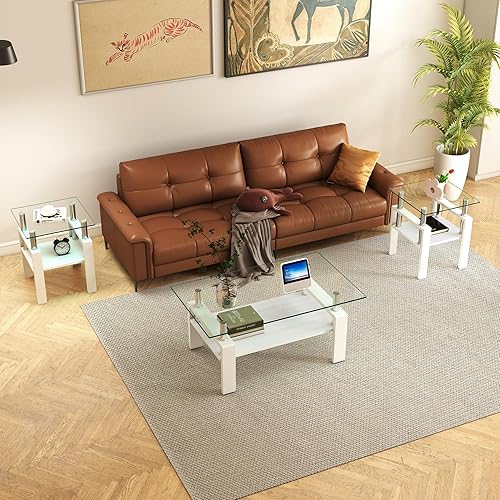 Miniatura 37 de Juego de 3 mesas auxiliares de cristal para sala de estar, mesa auxiliar de sofá con almacenamiento, patas de metal negro, mesa central rectangular