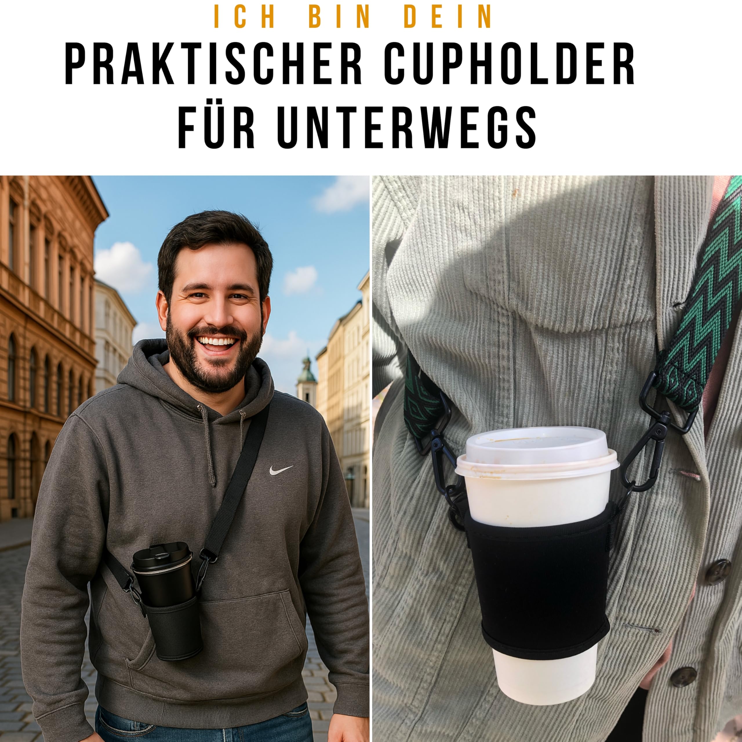 Kaffeebecher und Cupholder Set. Becherhalter und Thermobecher zum Umhängen. Getränkehalter aus Neopren mit verstellbaren Schultergurt (Schwarz, Muster Braun)