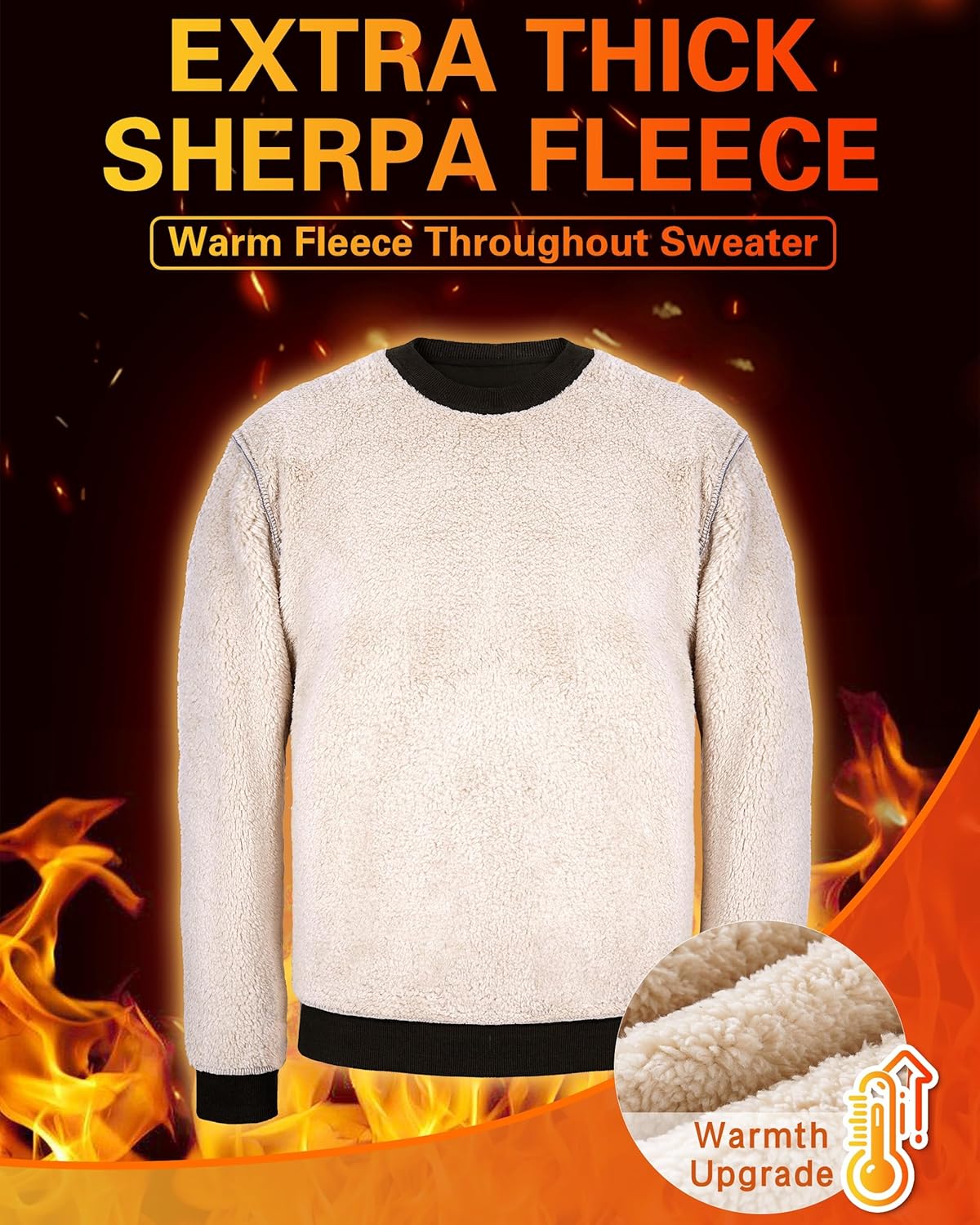 Roadbox Men's Sherpa Lined Sweatshirt, Winter Warm Heavyweight Crewneck Pullover Tops, Long Sleeve Thermal Fleece Sweaters - Image 3