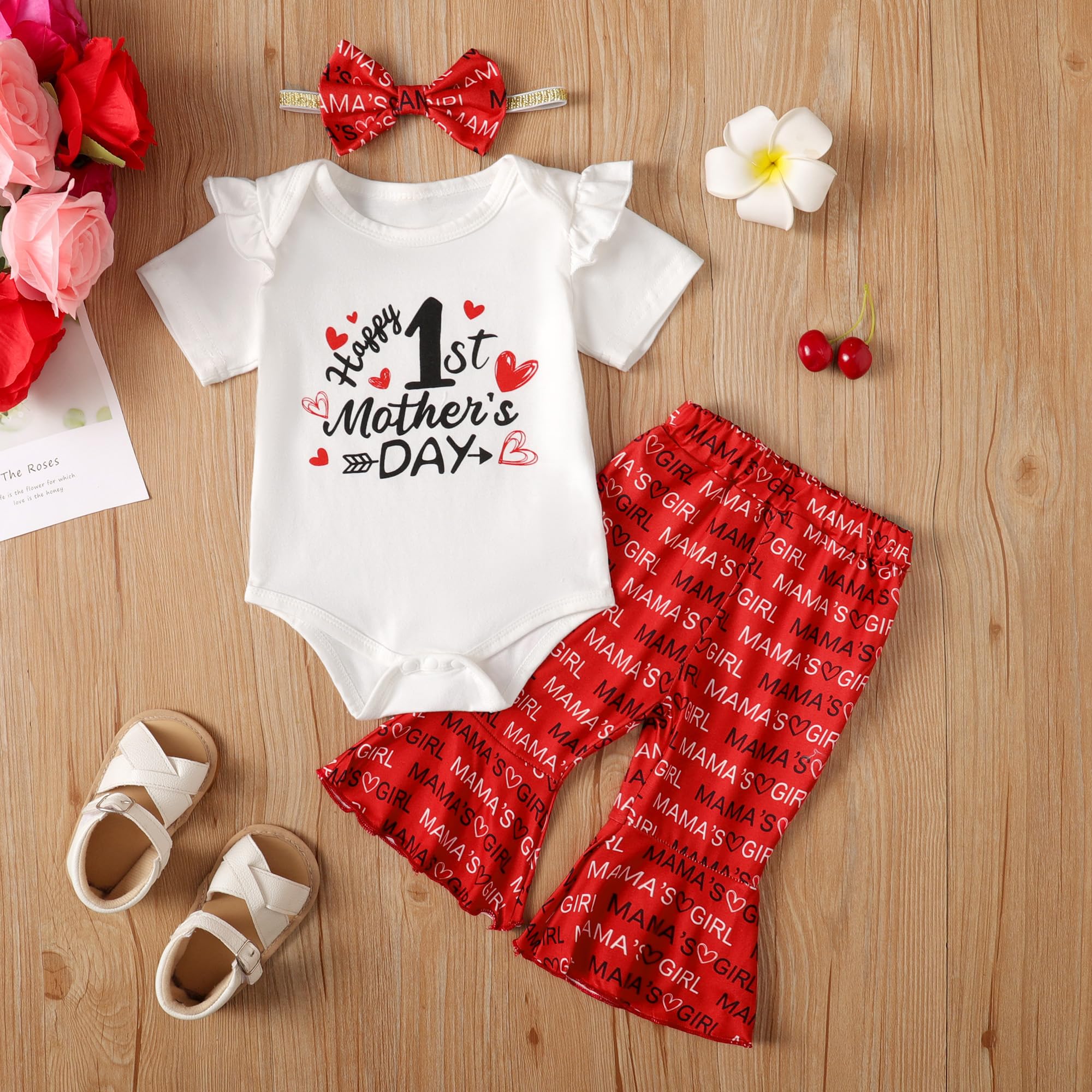 Aslaylme Baby Girl Mother's Day Outfit Newborn Happy 1st Mother's Day Clothes (Red, 0-3 Months)