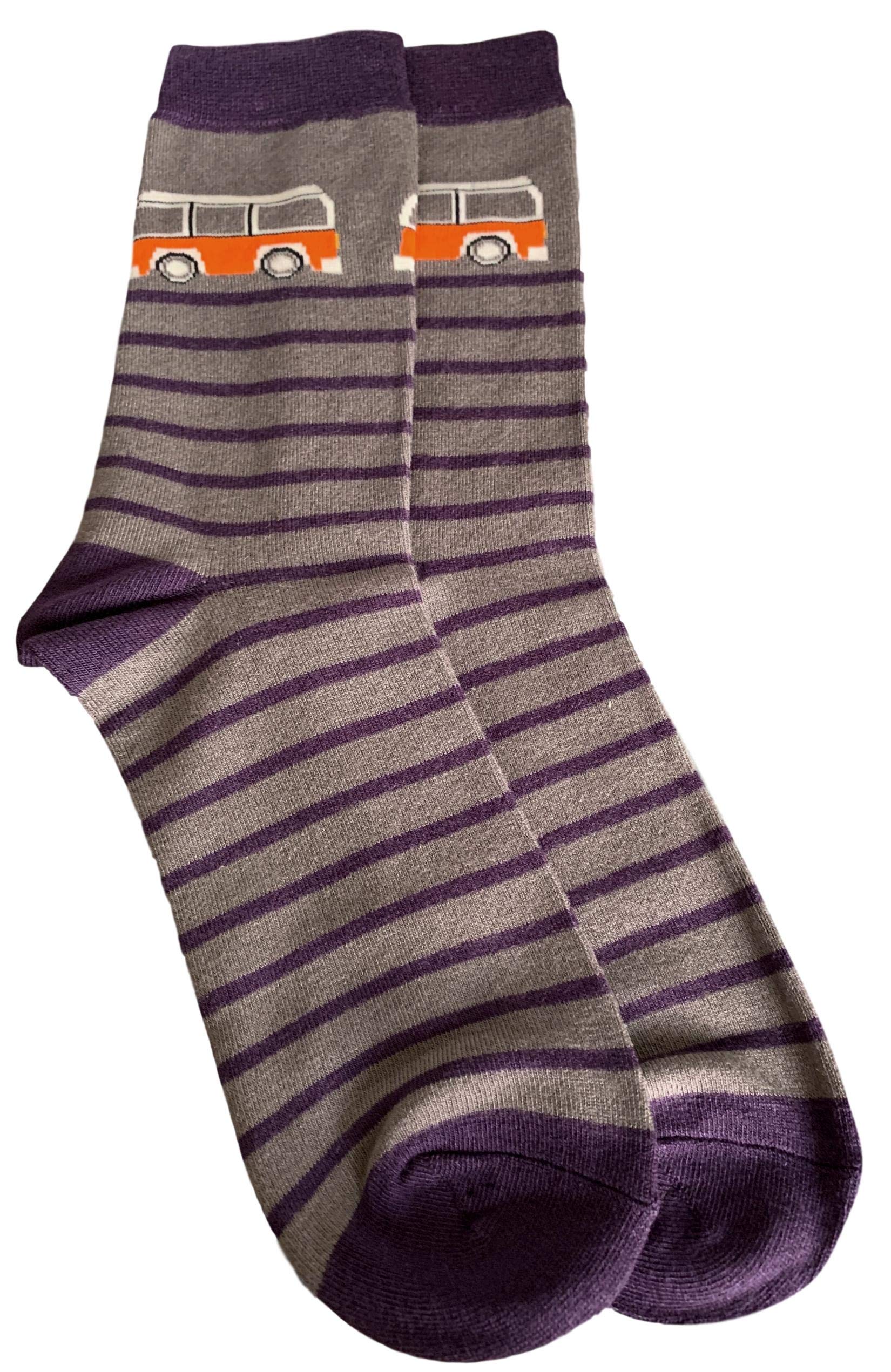 Purple Possum® Mens Socks Camper van Pattern Novelty Fun Striped Bamboo Cotton Blend UK Shoe Size 8-12 Camper Van Stripes (grey)