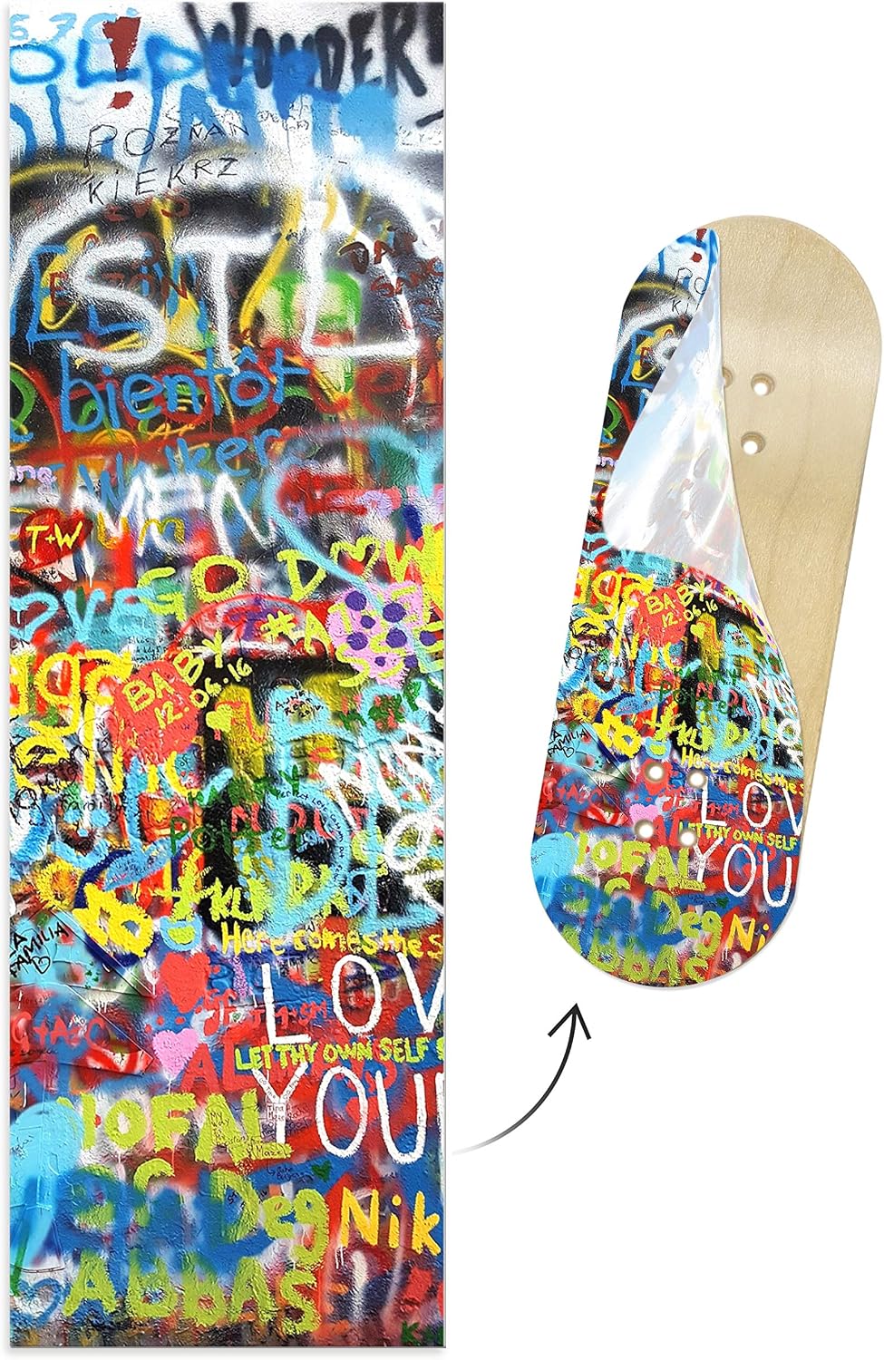 Teak Tuning Fingerboard Deck Graphic, Graffiti Wall - Adhesive Graphics to Customize Your 32mm - 110mm Long, 35mm Wide, 0.2mm Thick - Waterproof Vinyl - Includes Mini File