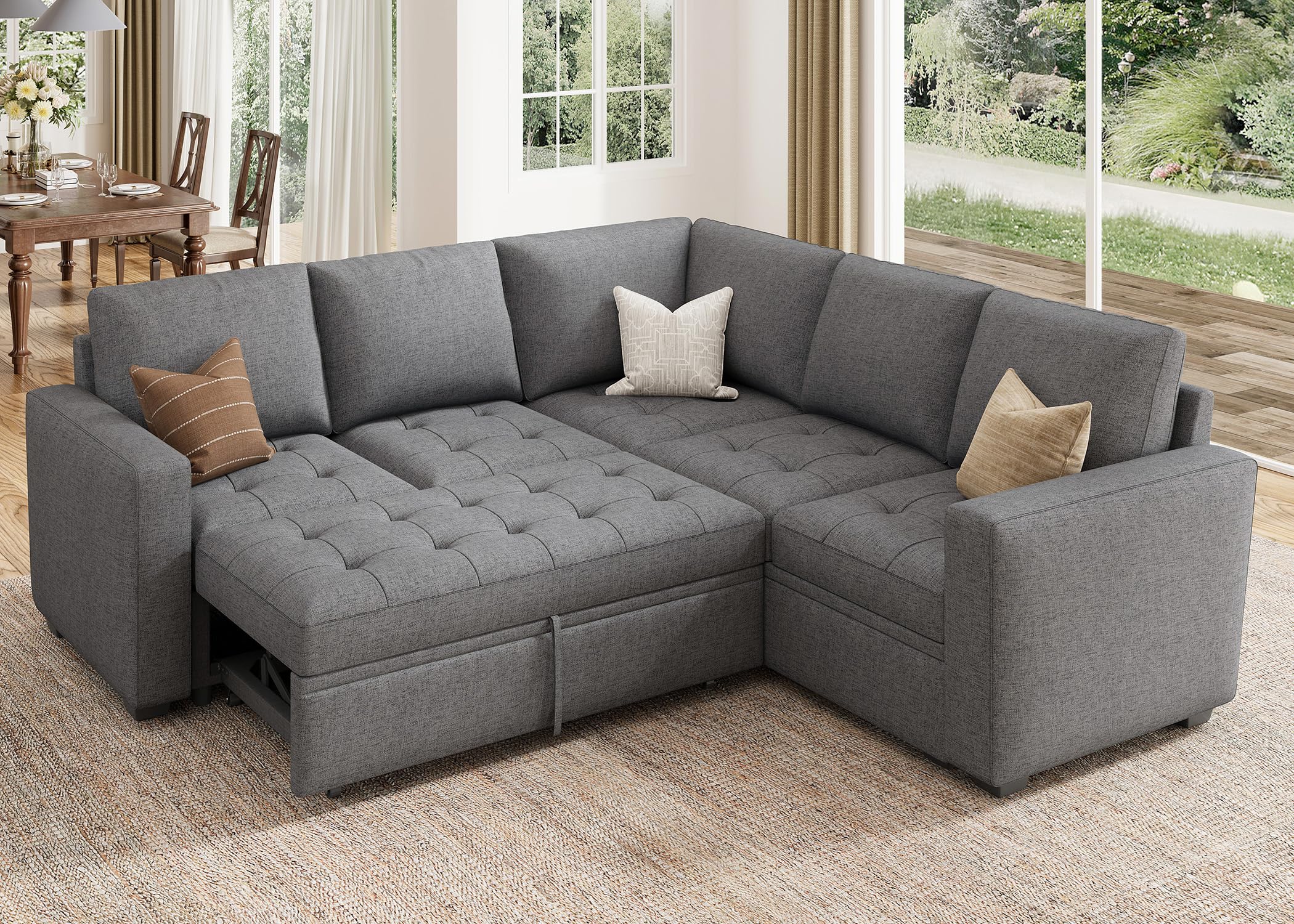 HONBAY Modular Sectional Sleeper Sofa with Pull Out Bed, Linen Convertible L Shaped Couch with Storage Seat, Sectional Couches for Living Room,Grey