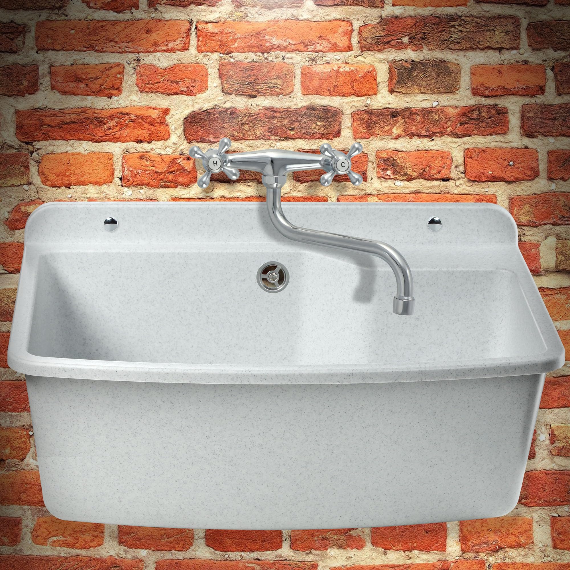GOSPO Ausgussbecken, 61 cm x 44 cm x 23,5 cm, Waschbecken aus Kunststoff, Waschtrog mit Überlauf, Siphon, Spülbecken inkl. Zubehör, Waschraum, Gartenwaschbecken (Weiß/Grau)