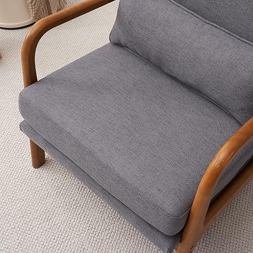 Miniatura 9 de Bonnlo Silla decorativa moderna de mediados de siglo, de lino beige con respaldo alto, sillones de salón acolchados de madera soild, sillas